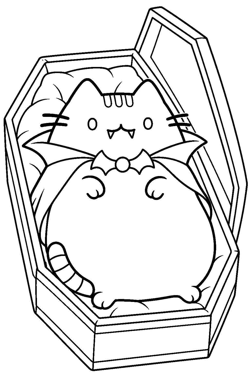 pusheen as vampurr resting in an open coffin line art