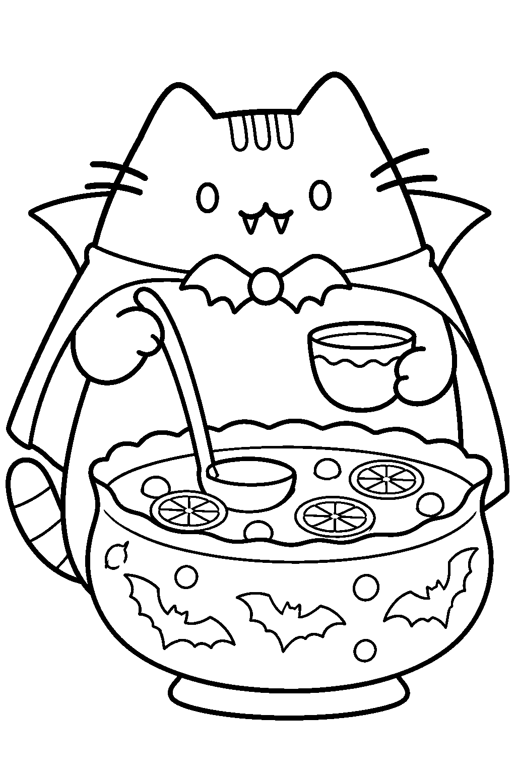 pusheen as vampurr serving fruit punch at a halloween party line art