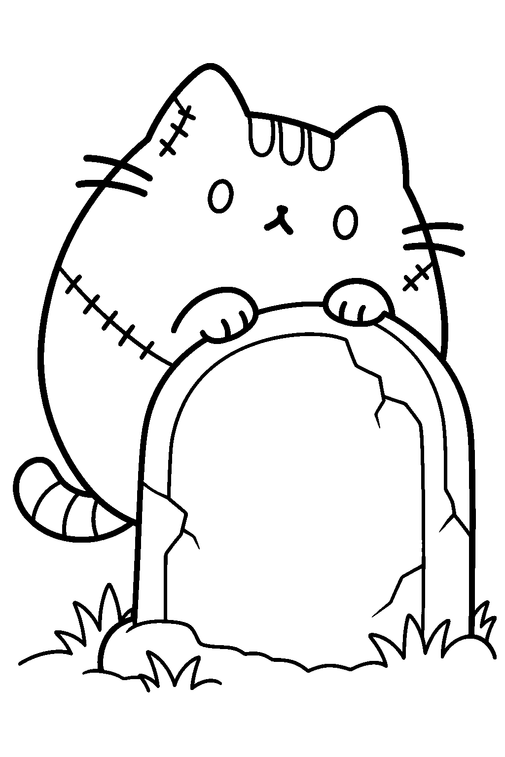 pusheen as zombiesheen emerging from behind a gravestone line art
