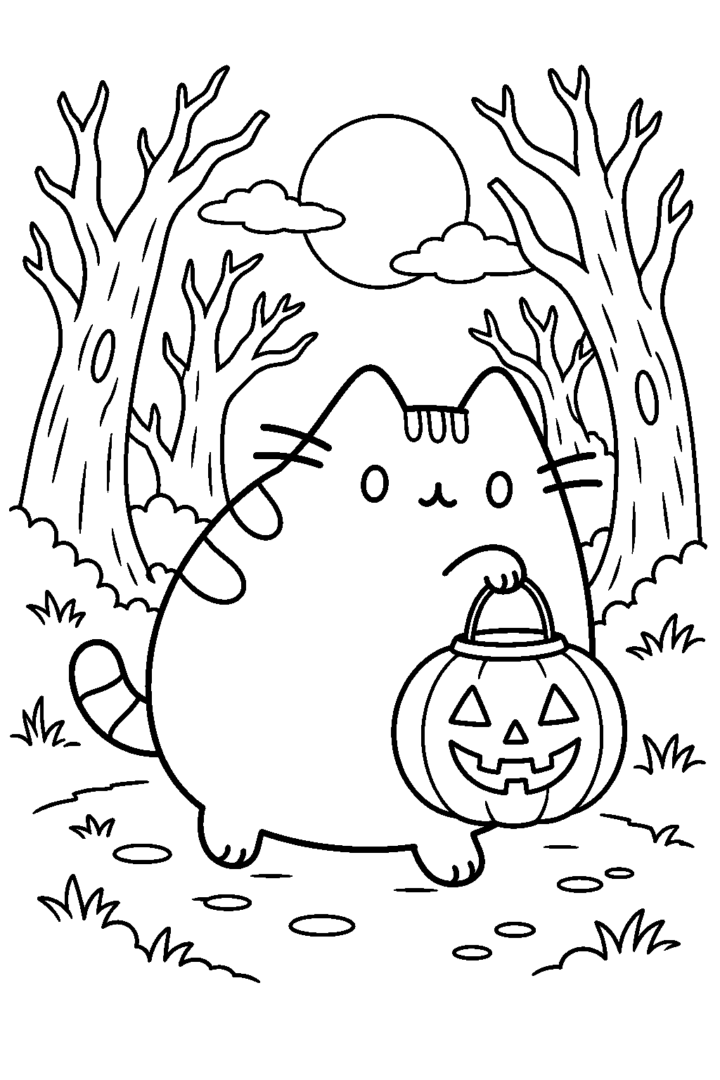 pusheen carrying a pumpkin lantern through a spooky forest line art