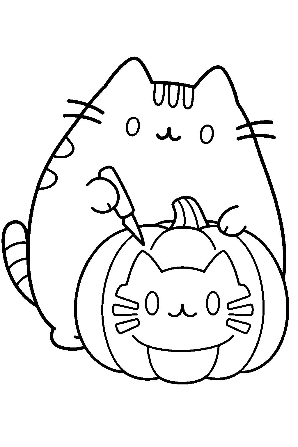 pusheen carving a cat face into a halloween pumpkin line art