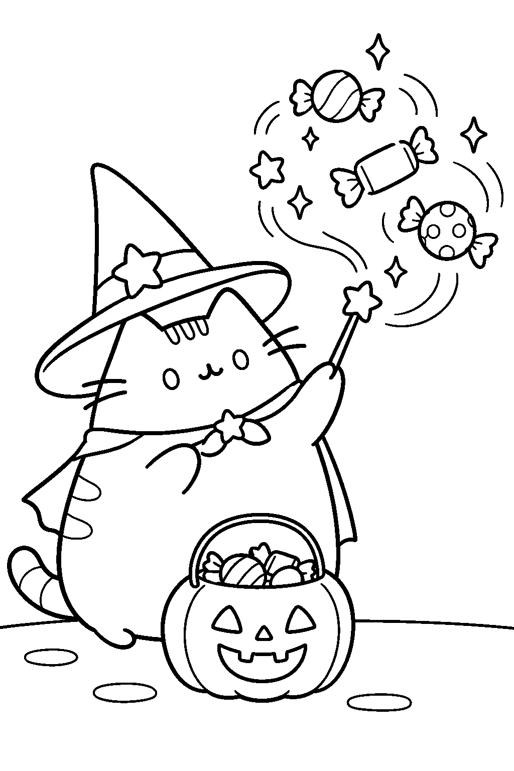 pusheen casting a spell to lift wrapped halloween candy into the air line art