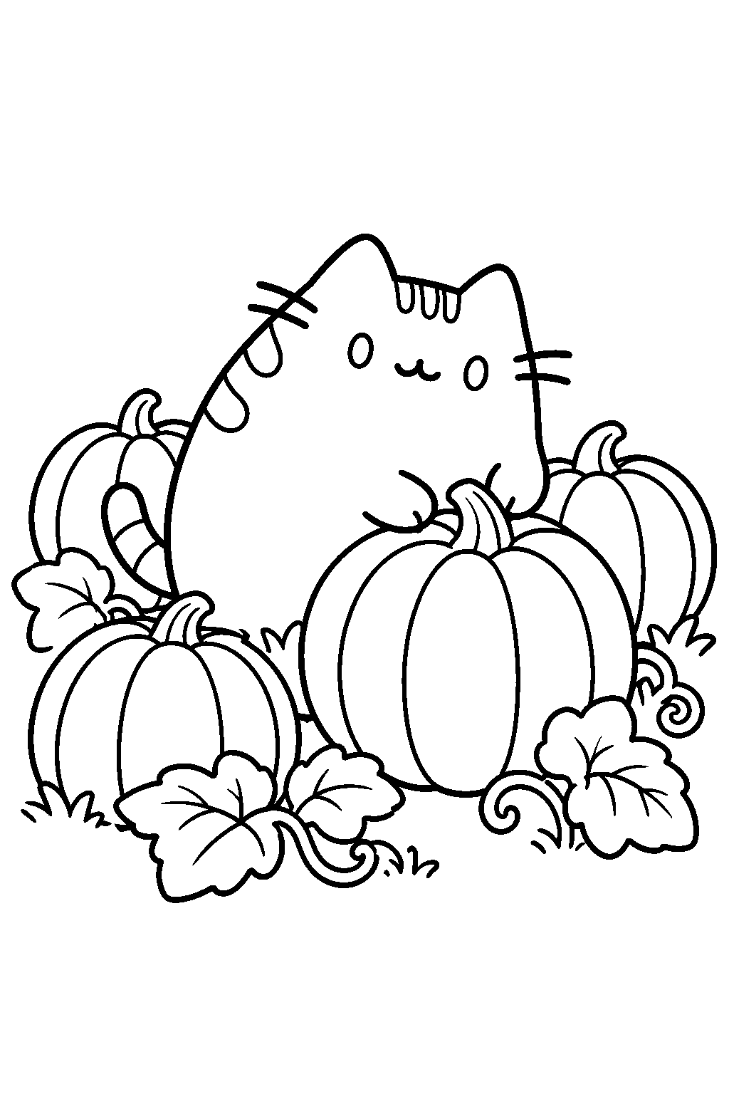 pusheen choosing a pumpkin in a halloween pumpkin patch line art