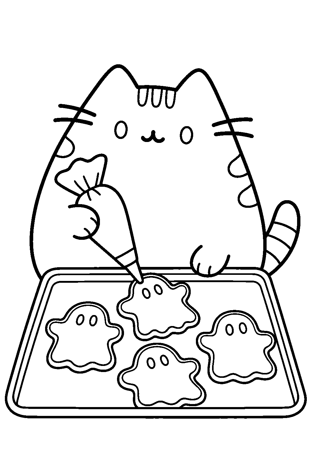 pusheen decorating ghost shaped halloween cookies line art