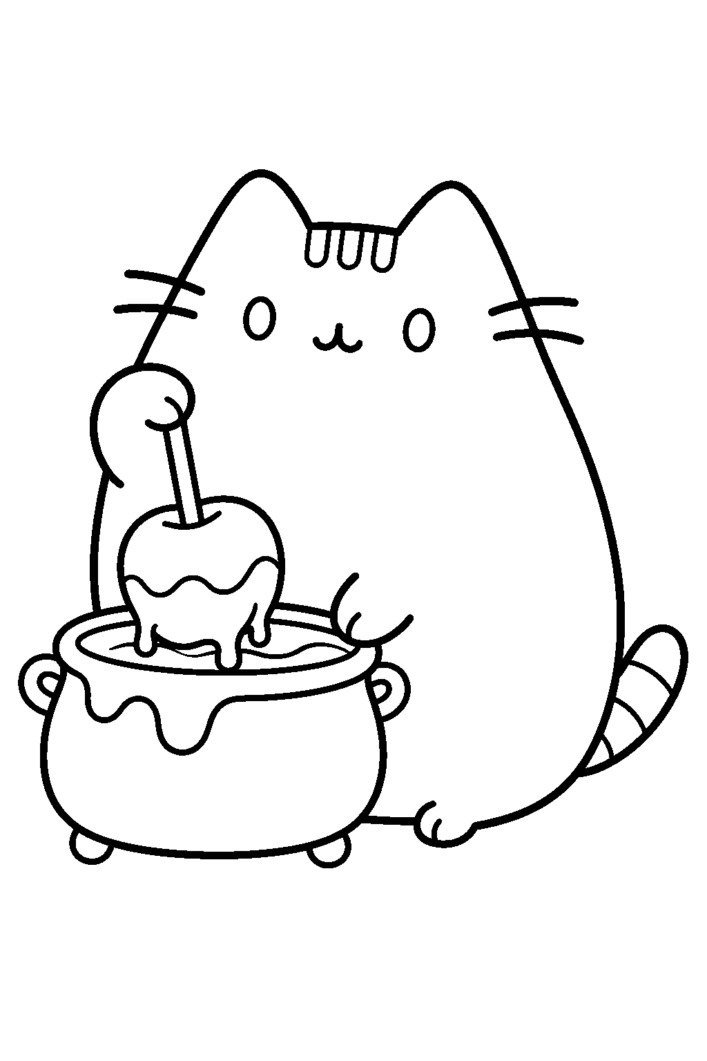 pusheen dipping an apple in caramel for a halloween treat line art