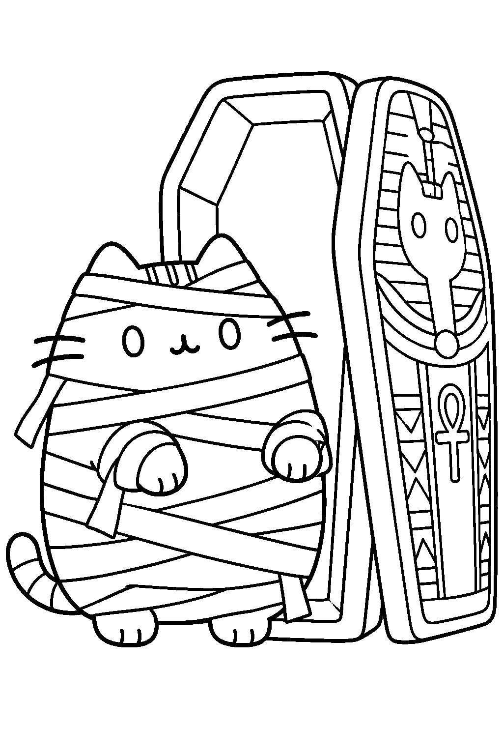 pusheen dressed as a mummy beside an open sarcophagus line art