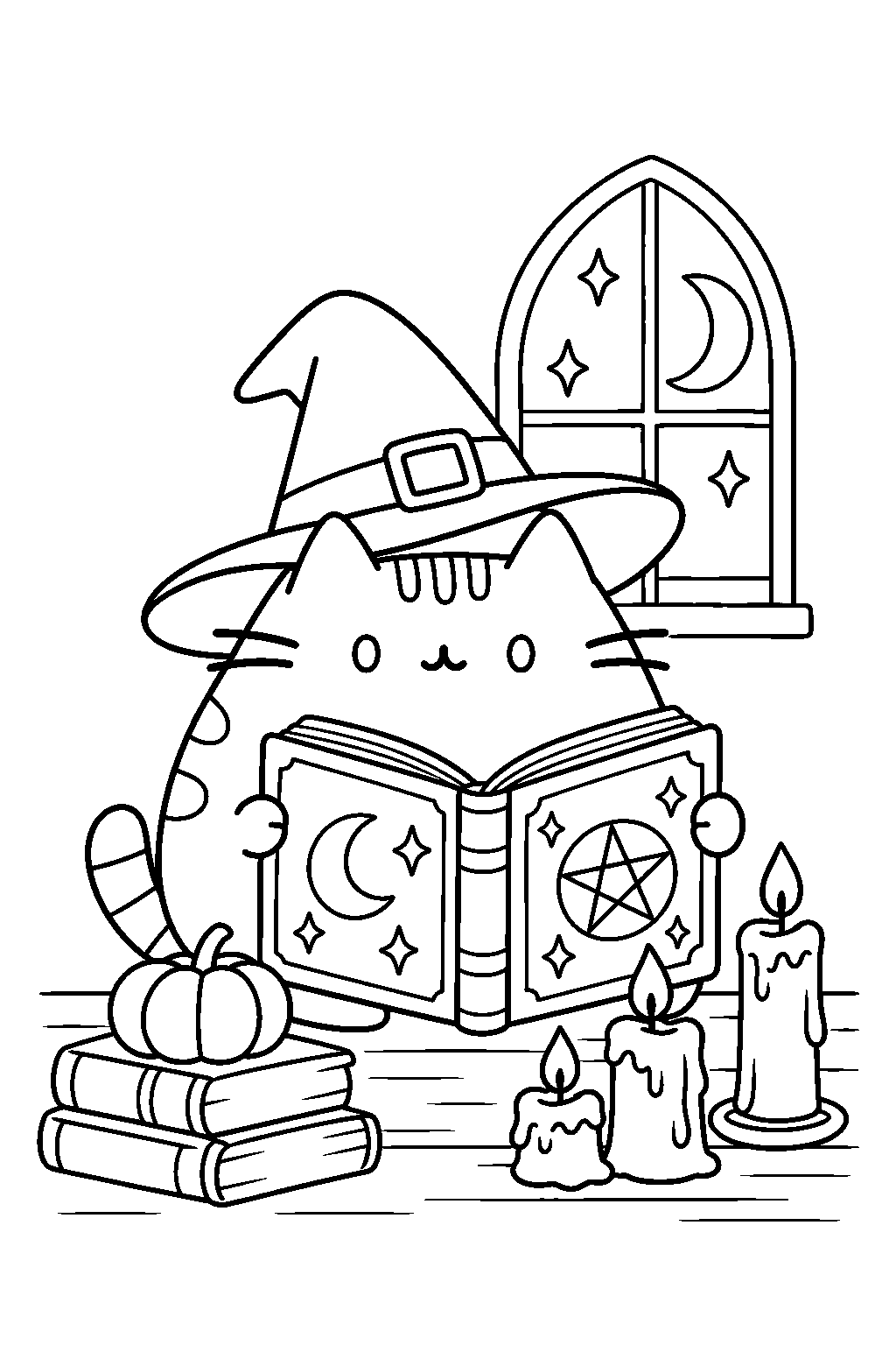 pusheen dressed as a witch reading a spellbook beside candles line art