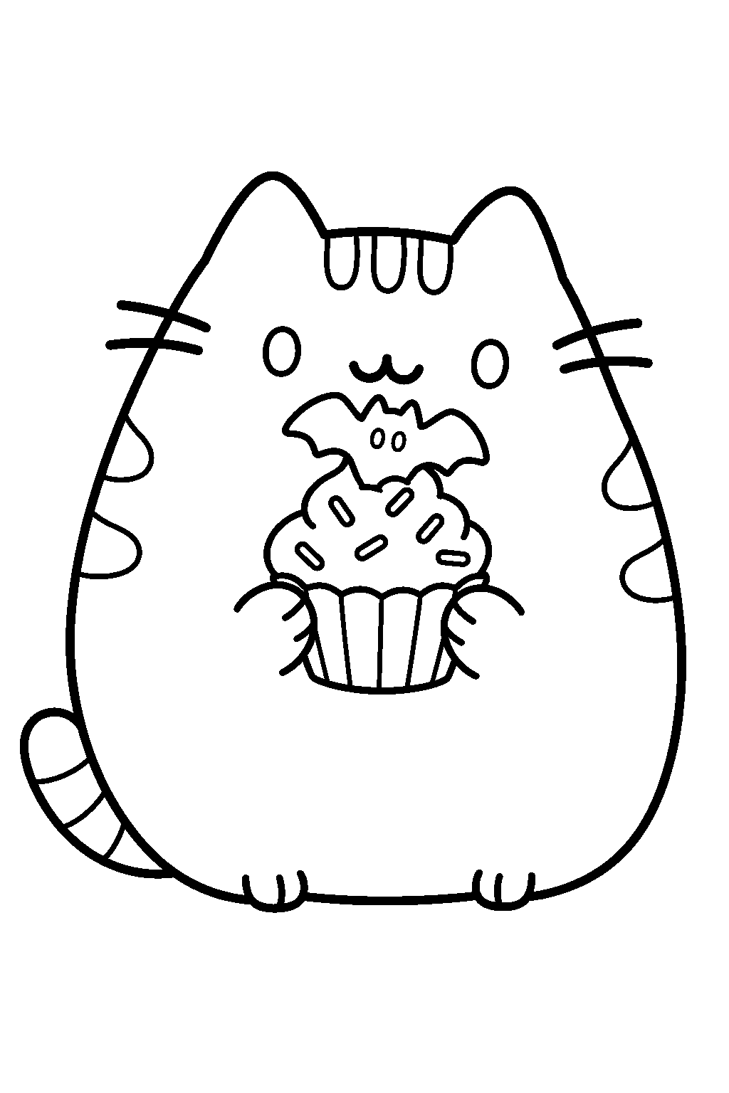 pusheen eating a halloween cupcake with a bat cookie topper line art