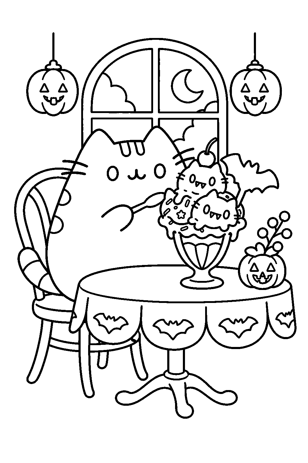 pusheen enjoying a vampurr ice cream sundae at a halloween cafe line art