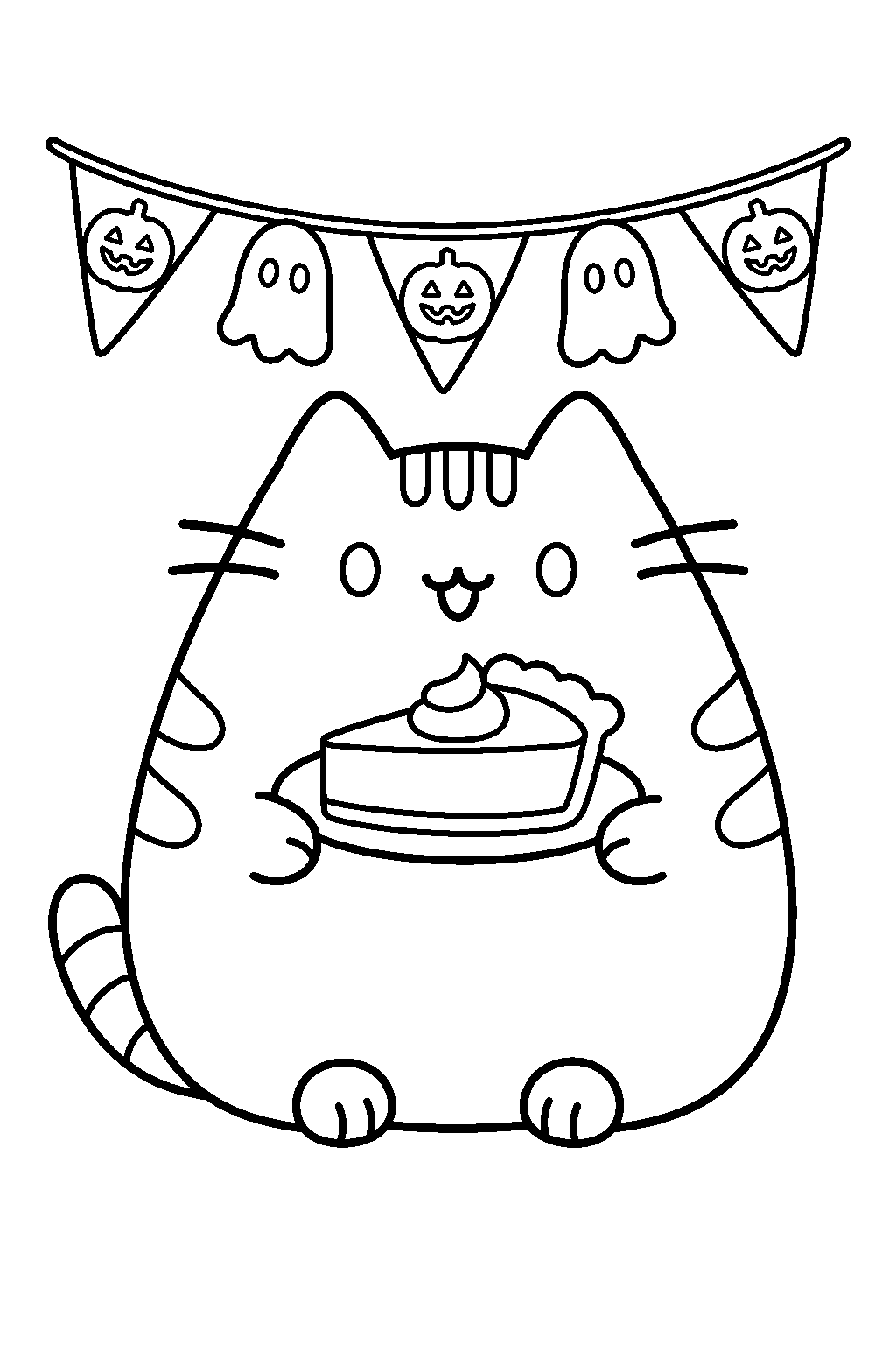pusheen enjoying pumpkin pie beneath halloween bunting line art
