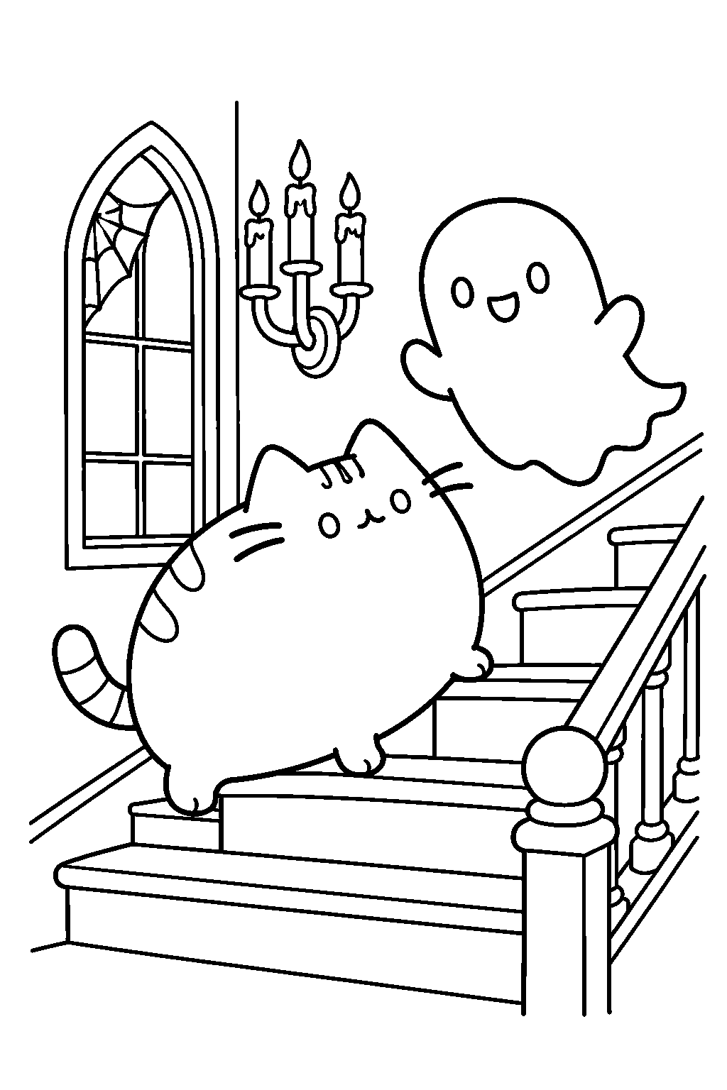 pusheen exploring a haunted house staircase with a friendly ghost line art