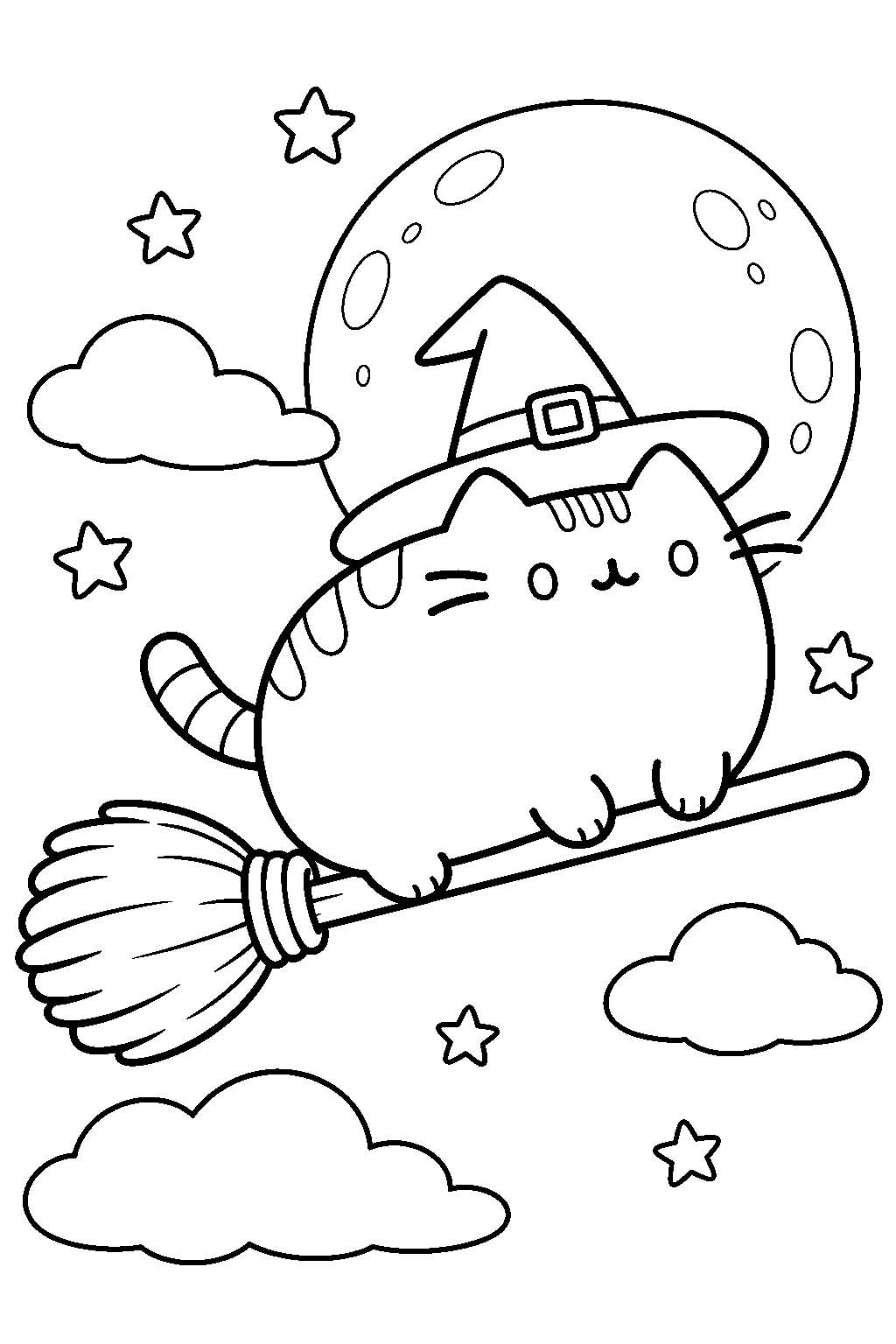pusheen flying on a witch broomstick past the full moon line art