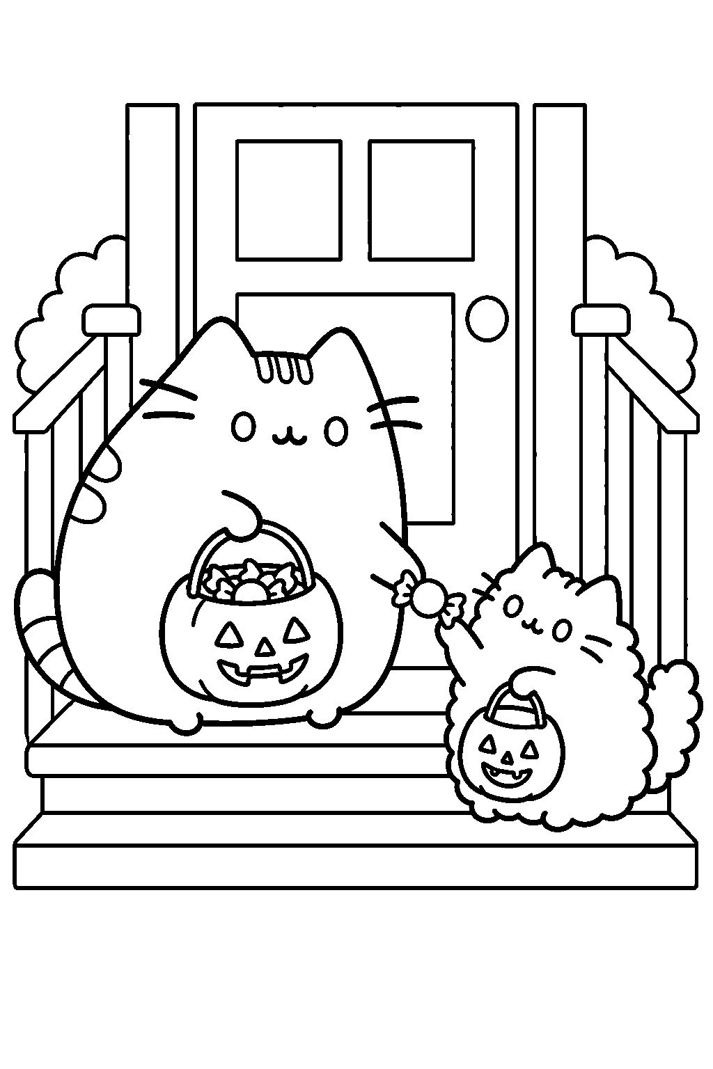 pusheen giving halloween candy to stormy on the front porch line art