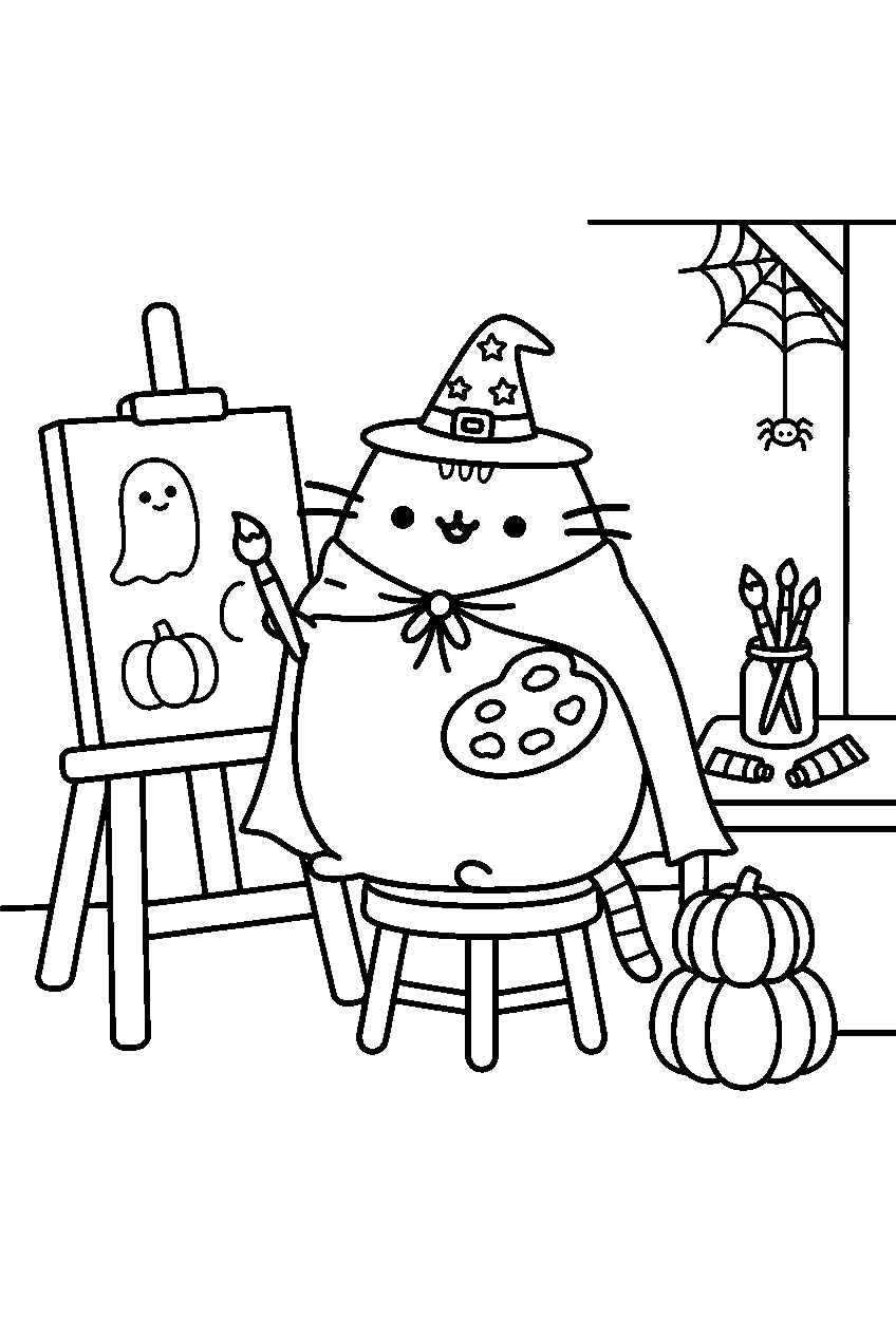 pusheen halloween in art studio line art