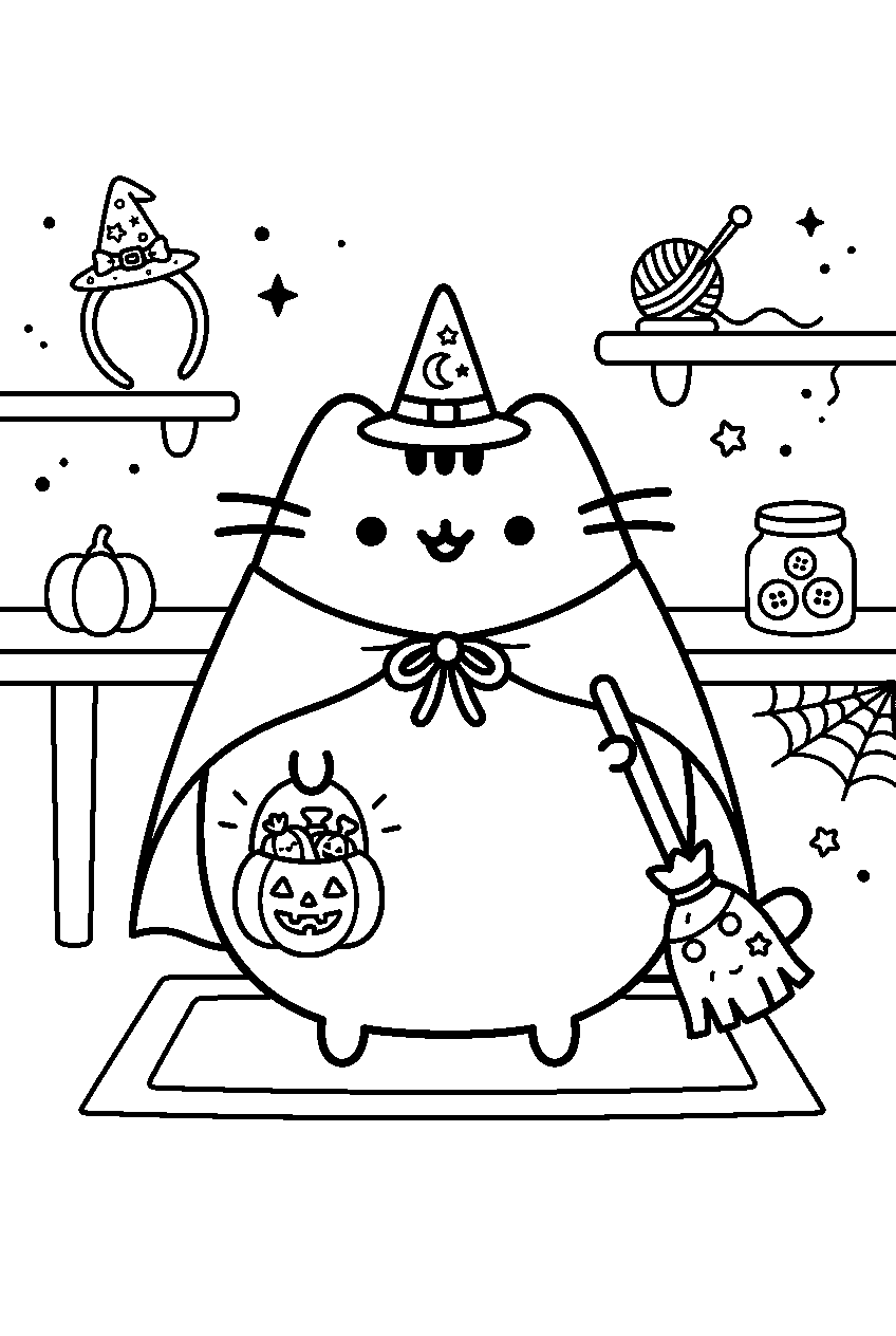pusheen halloween in craft room line art