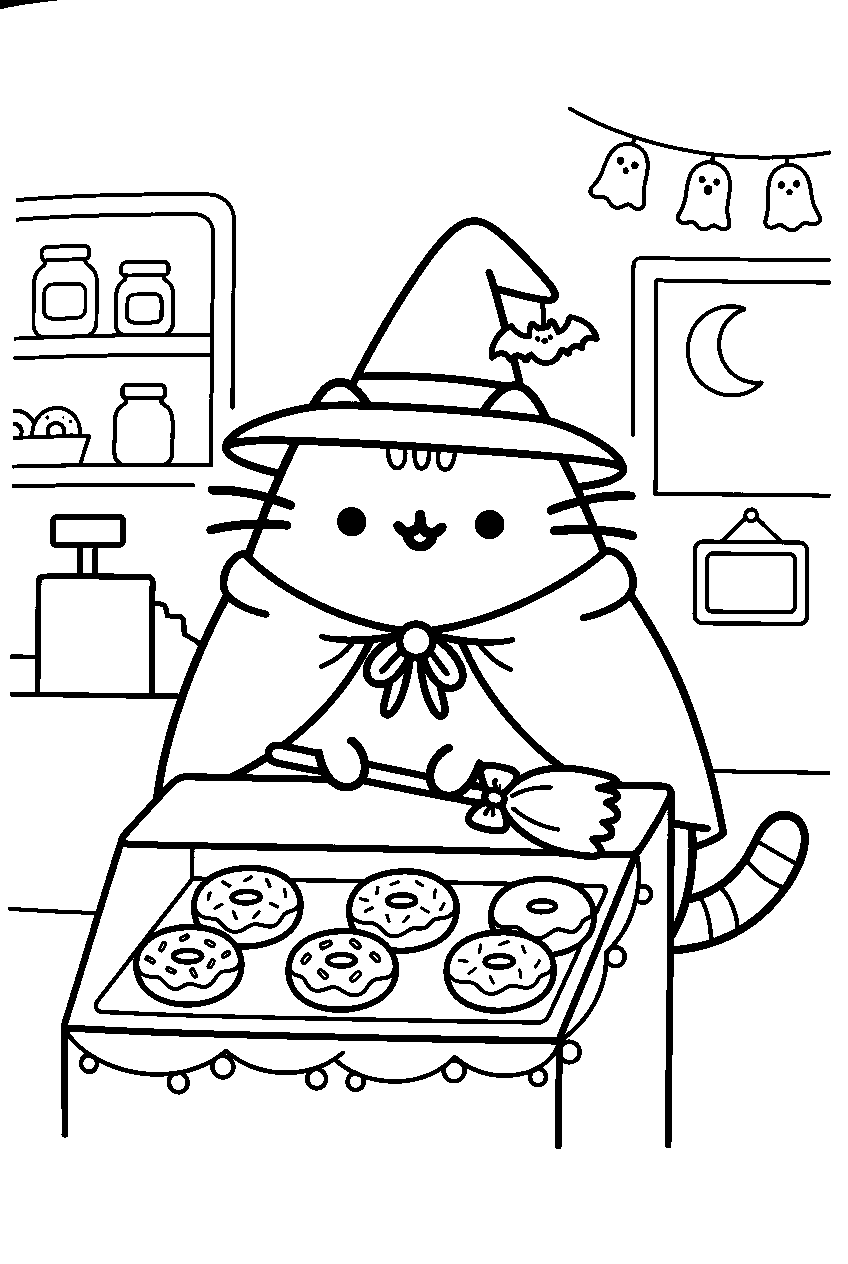 pusheen halloween in donut shop line art