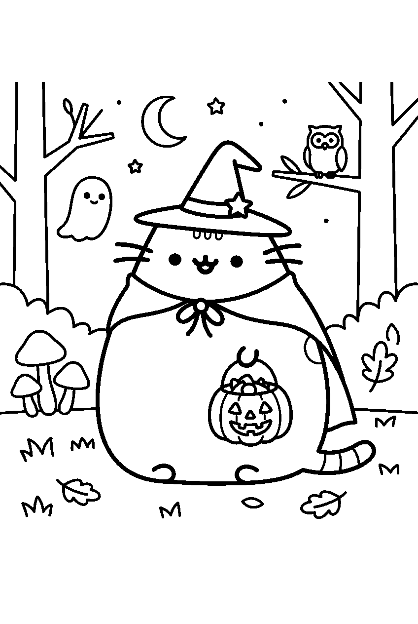 pusheen halloween in forest clearing line art