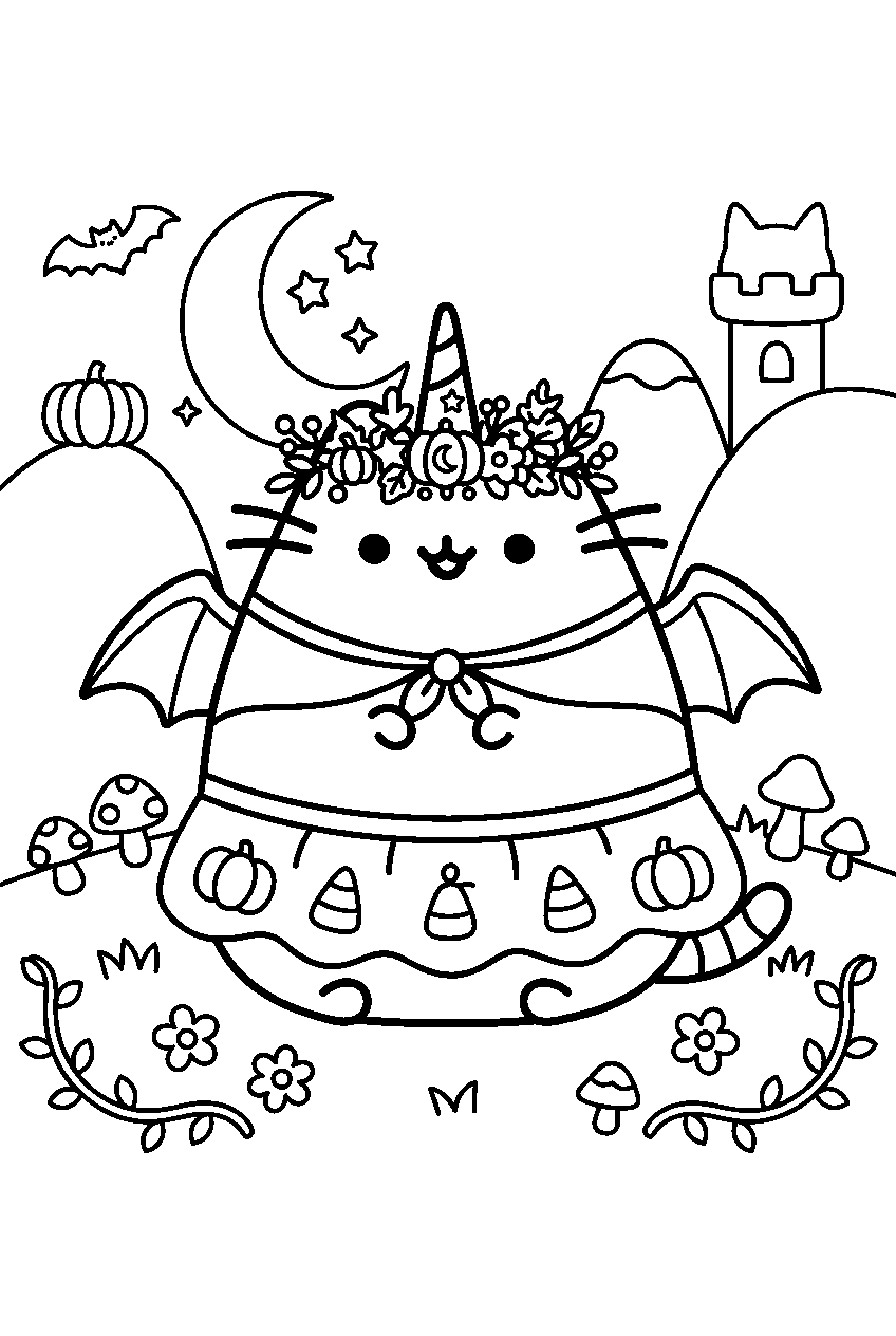 pusheen halloween in unicorn meadow line art
