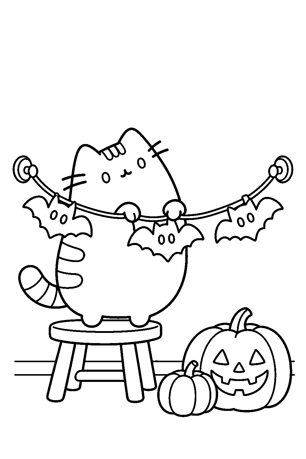 pusheen hanging a paper bat garland for a halloween party line art