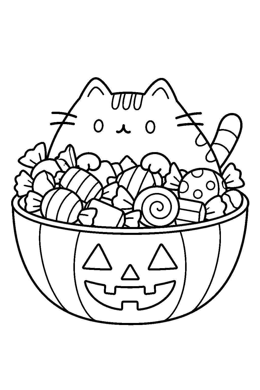 pusheen hiding inside a bowl of wrapped halloween candy line art