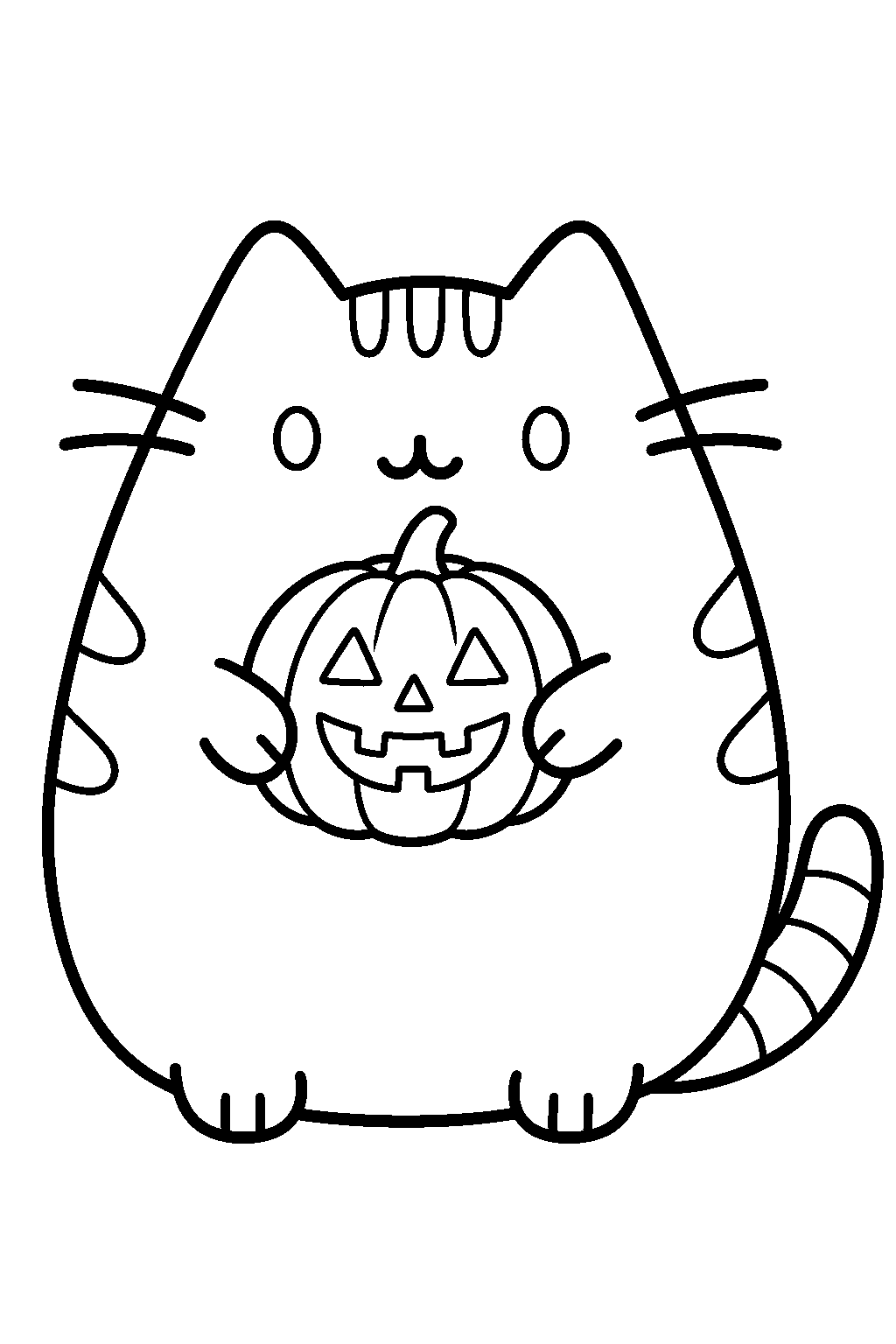 pusheen holding a small jack o lantern on halloween night line art