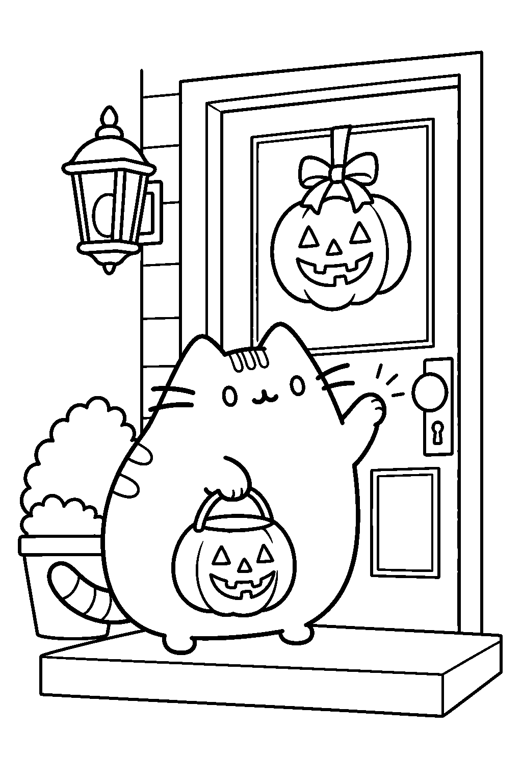 pusheen knocking on a pumpkin decorated door while trick or treating line art