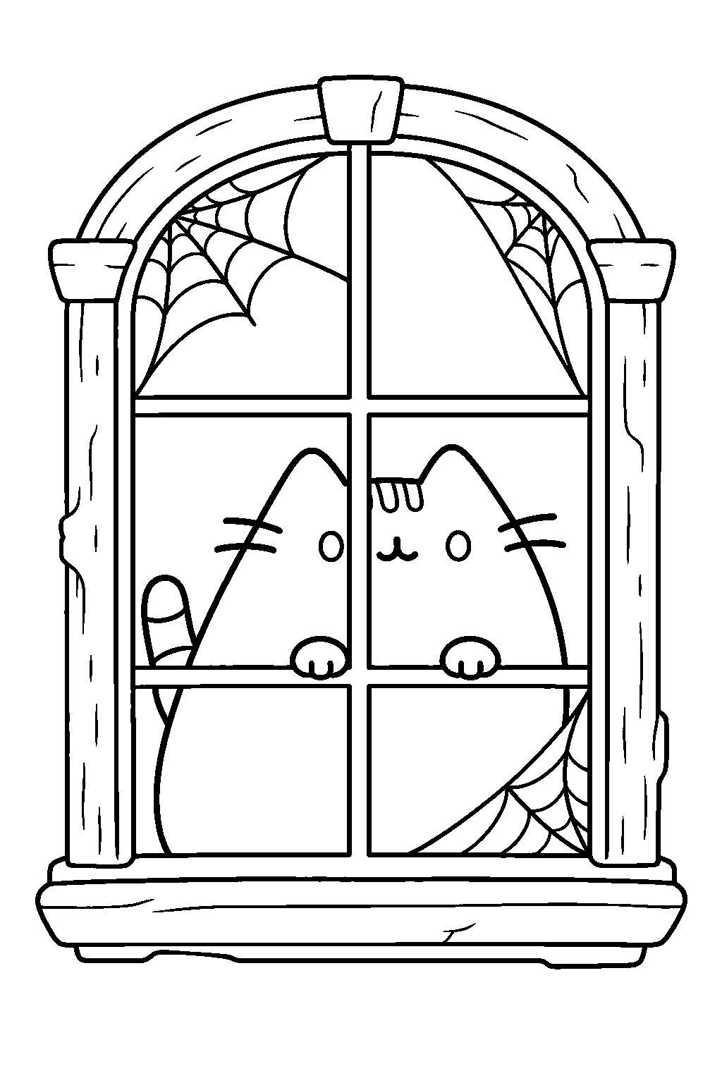 pusheen looking through a cobweb covered haunted house window line art