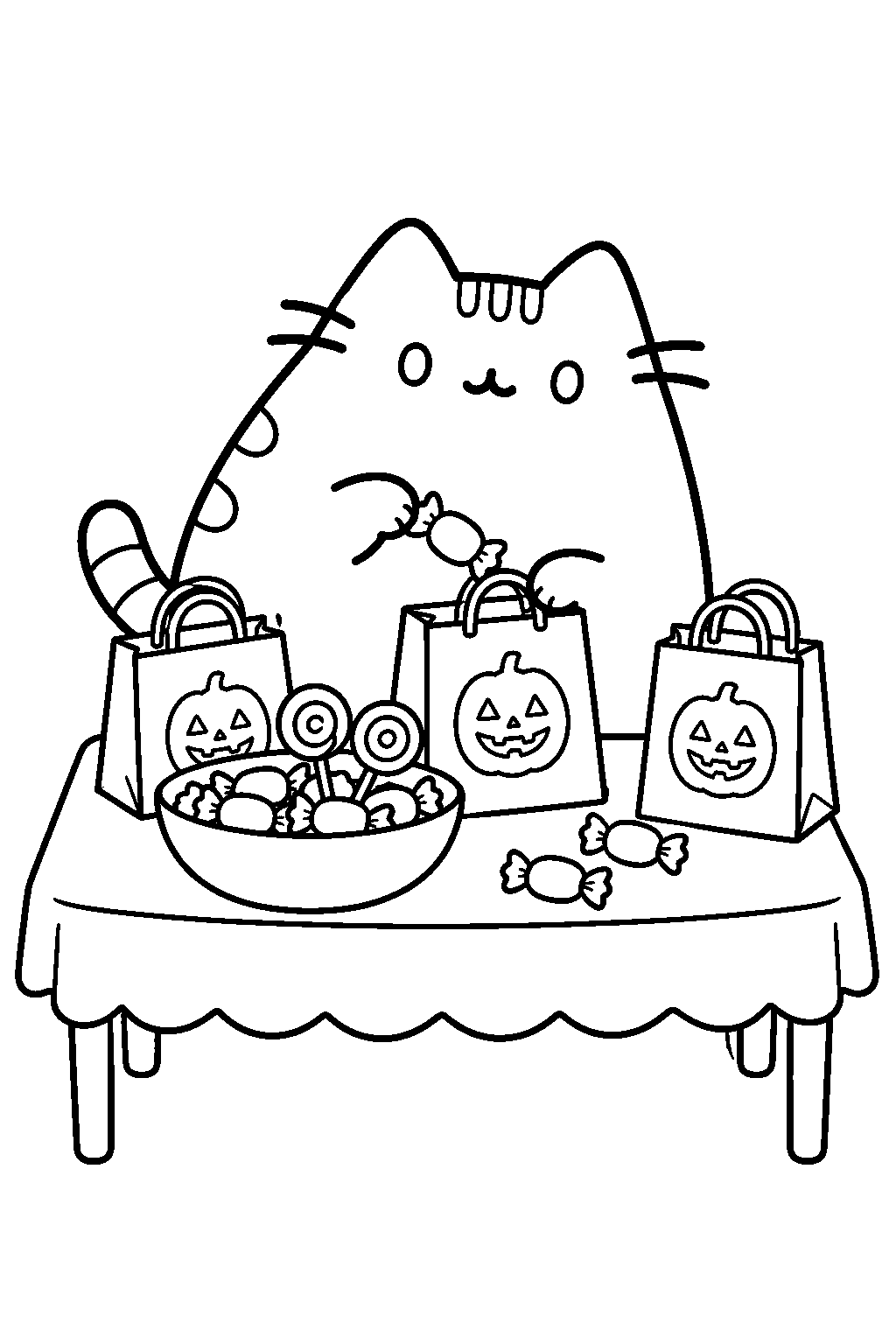 pusheen packing halloween treat bags at a table line art
