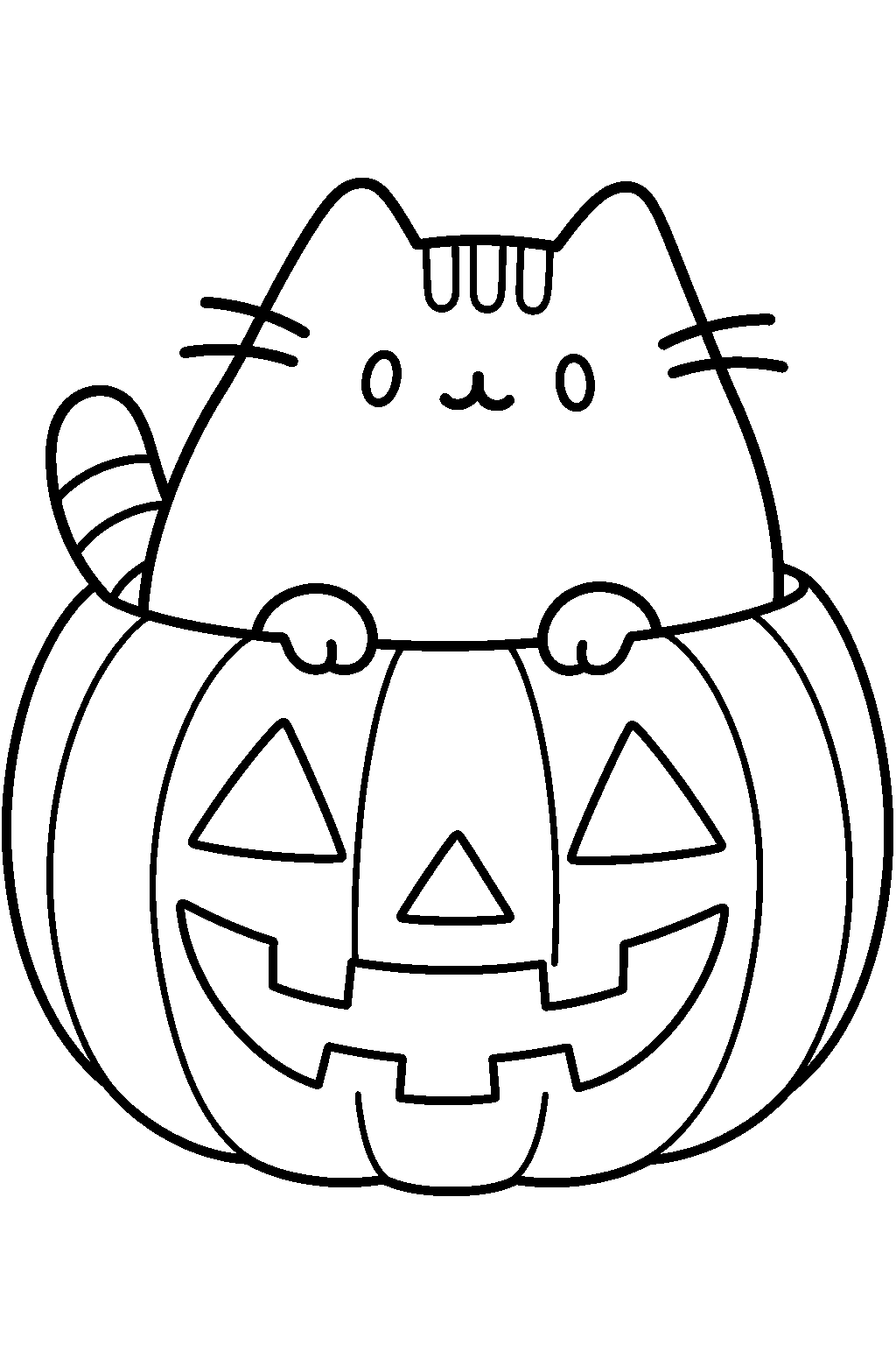 pusheen peeking out of a carved halloween pumpkin line art