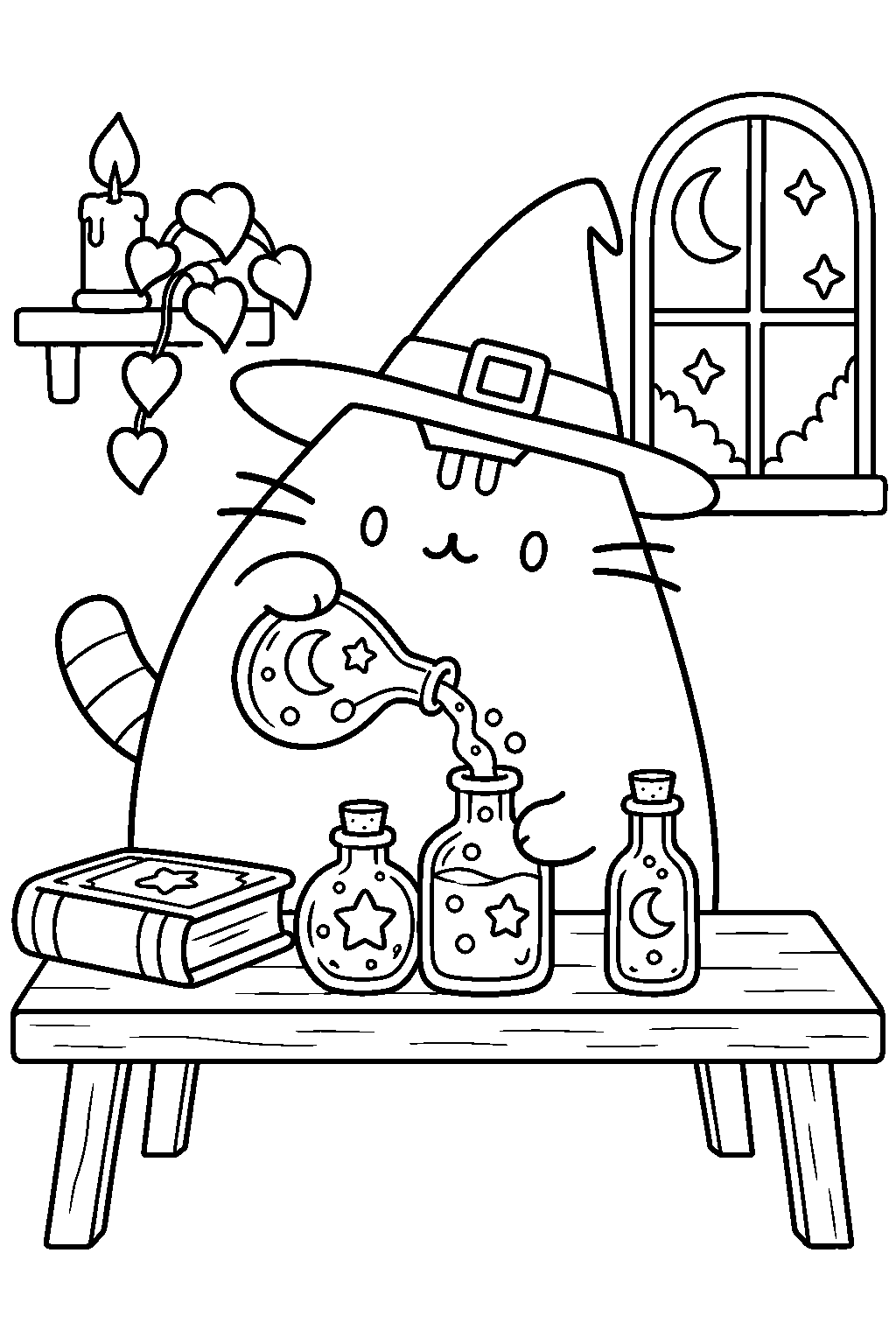 pusheen pouring a potion into bottles at a witch s workbench line art