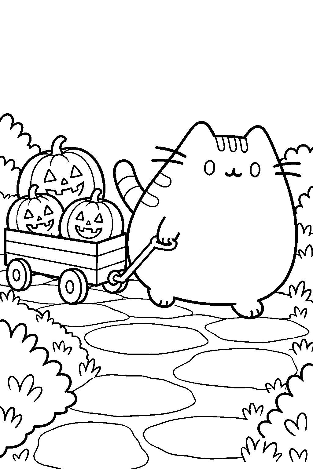 pusheen pulling a small wagon of jack o lanterns along a garden path line art