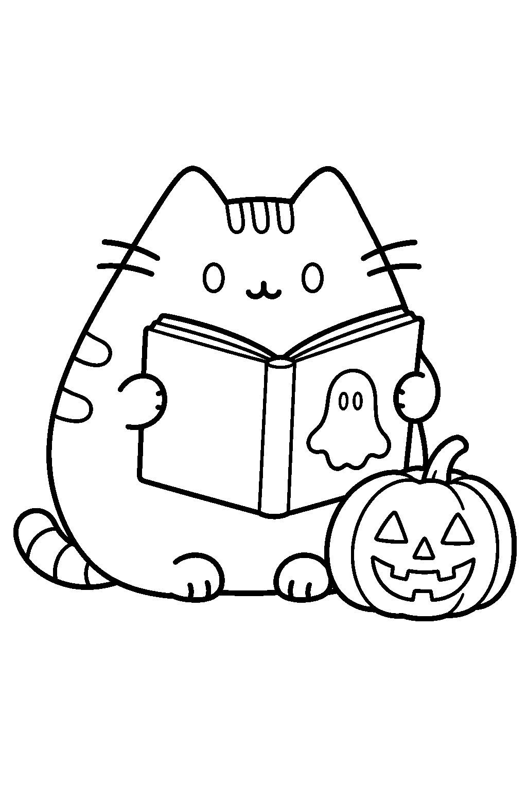 pusheen reading a ghost story beside a pumpkin lantern line art