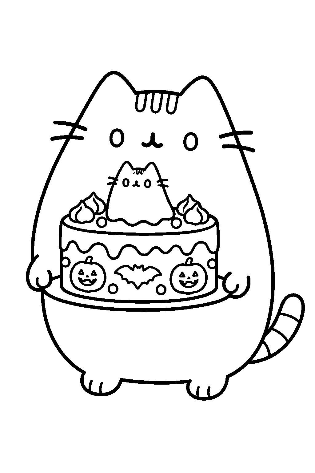 pusheen serving a halloween cake topped with a boosheen decoration line art