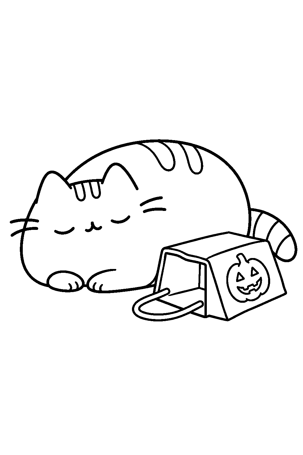 pusheen sleeping beside an empty trick or treat bag after halloween line art