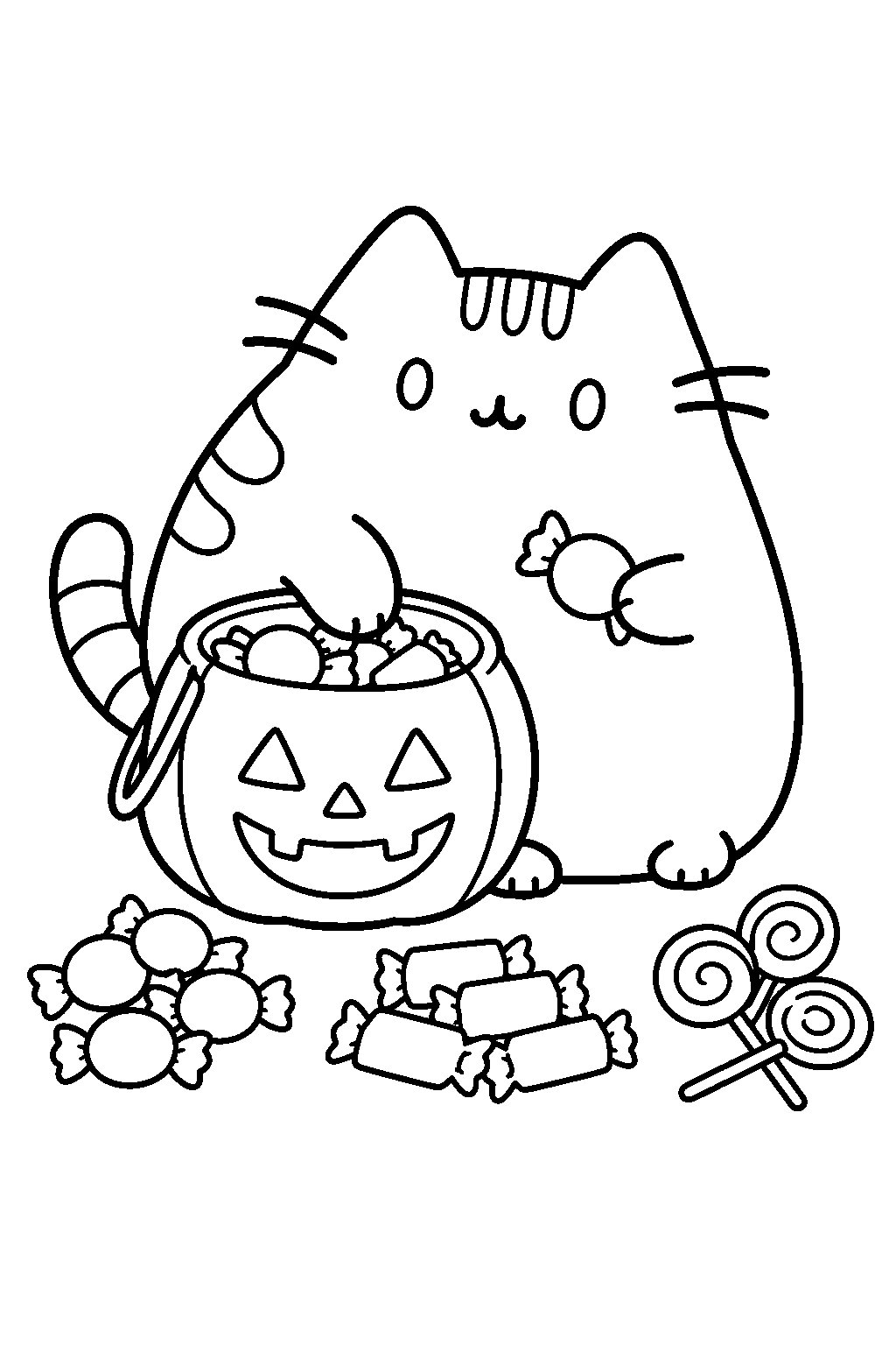 pusheen sorting her trick or treat candy into piles line art