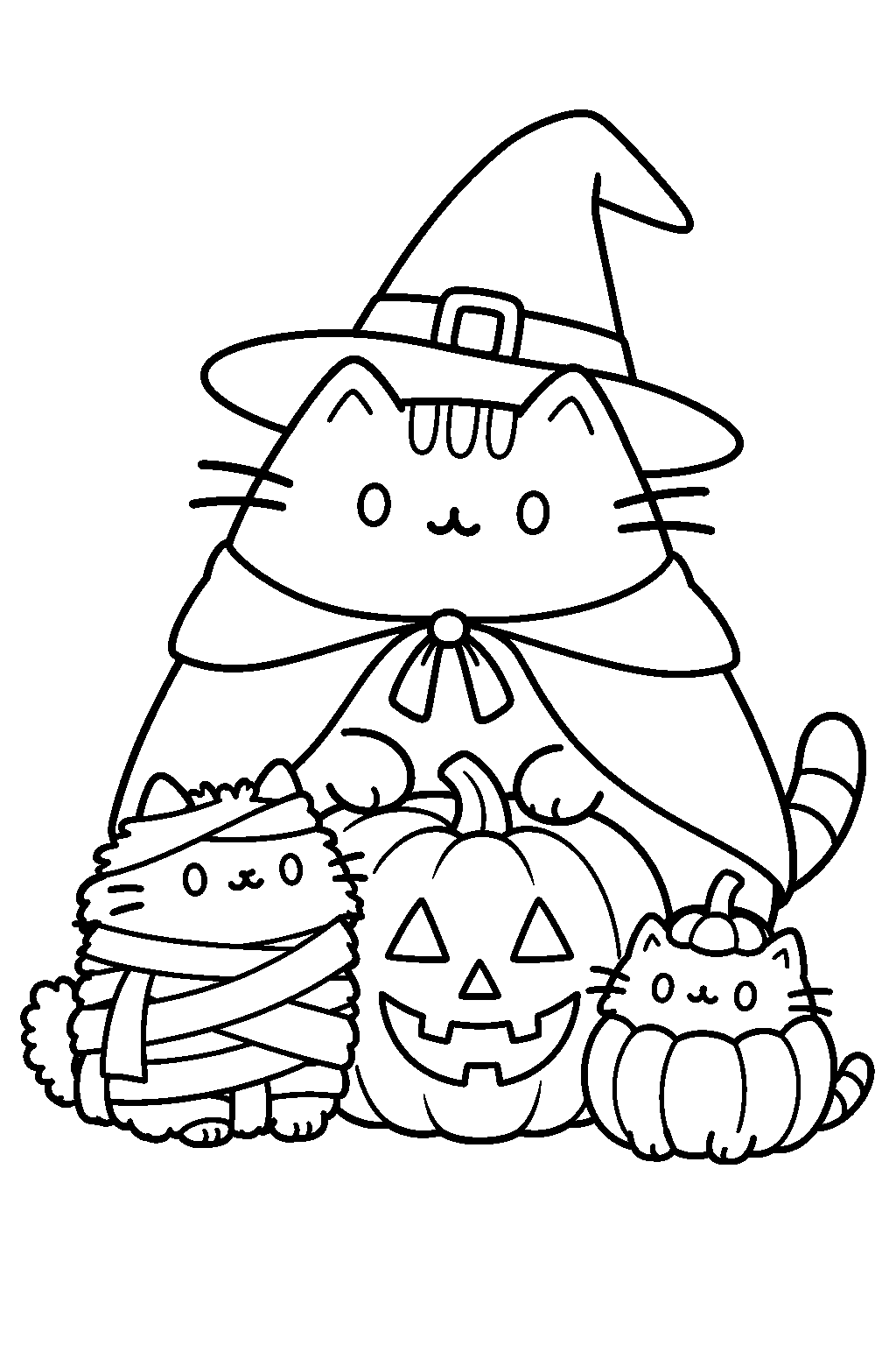 pusheen stormy and pip posing in halloween costumes beside a jack o lantern line art