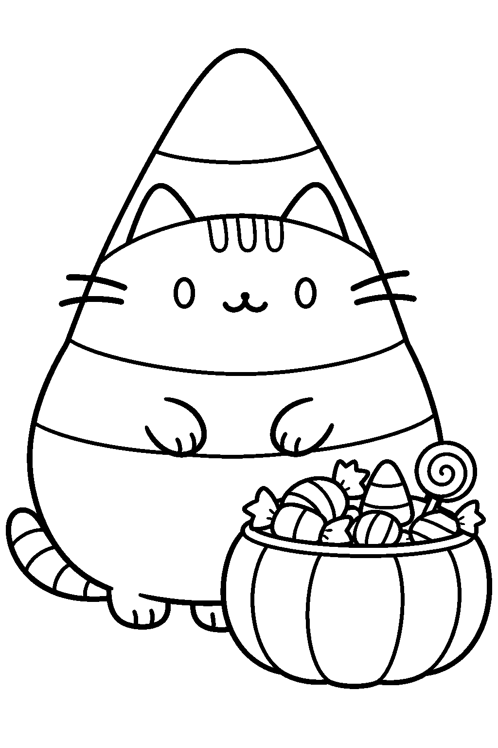 pusheen wearing a candy corn costume beside a bowl of halloween sweets line art