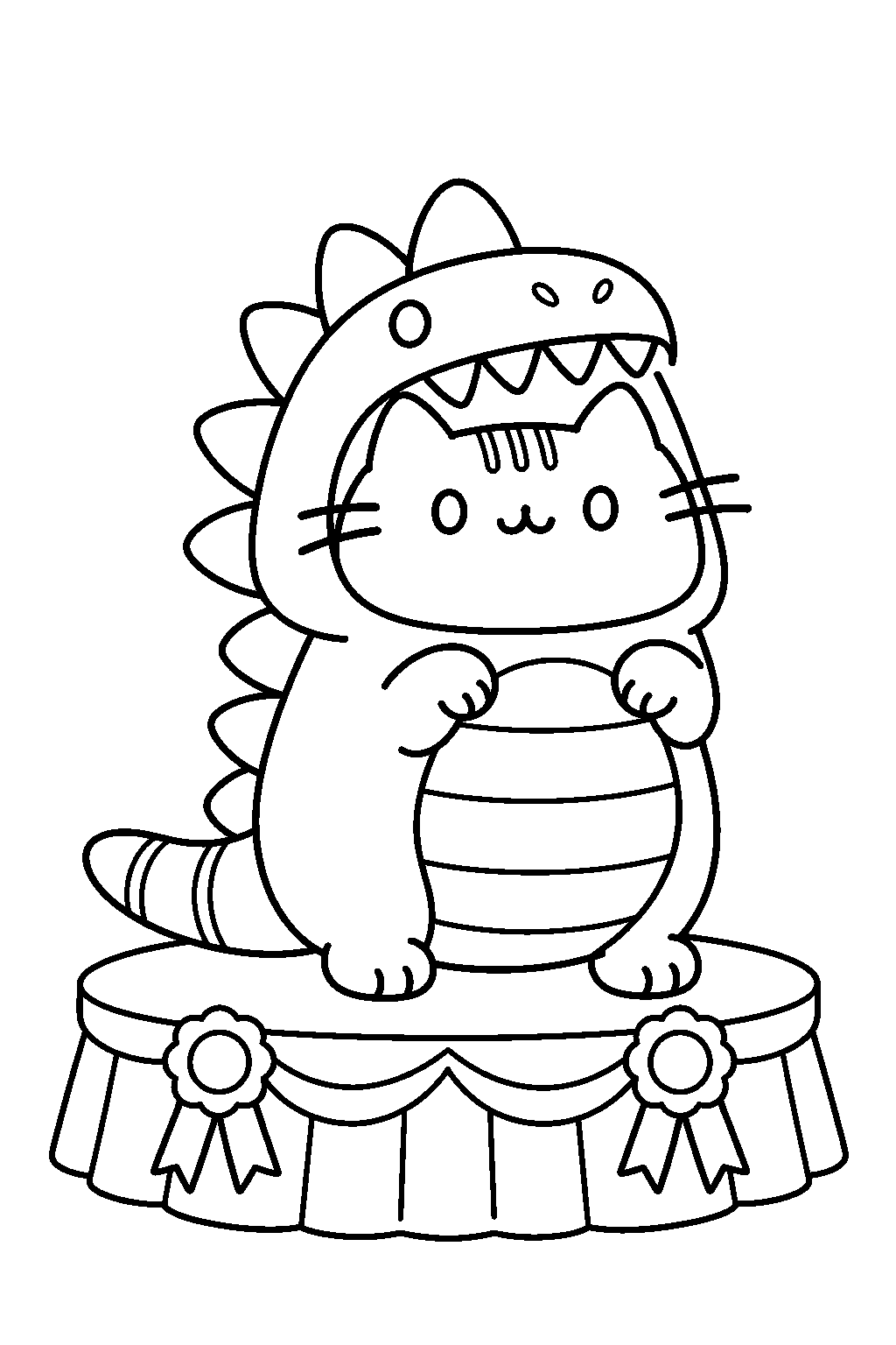 pusheen wearing a dinosaur costume at a halloween costume contest line art