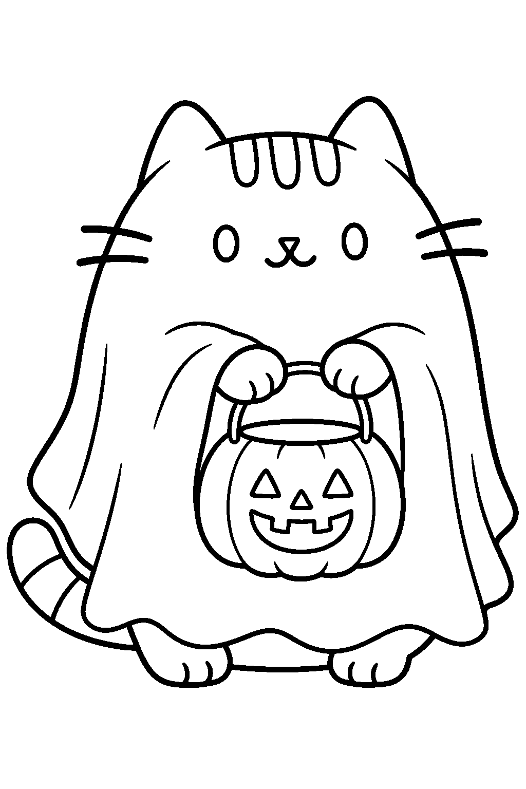 pusheen wearing a ghost sheet costume and carrying a trick or treat bucket line art