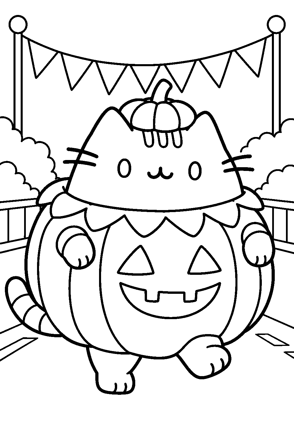 pusheen wearing a pumpkin costume in a halloween parade line art