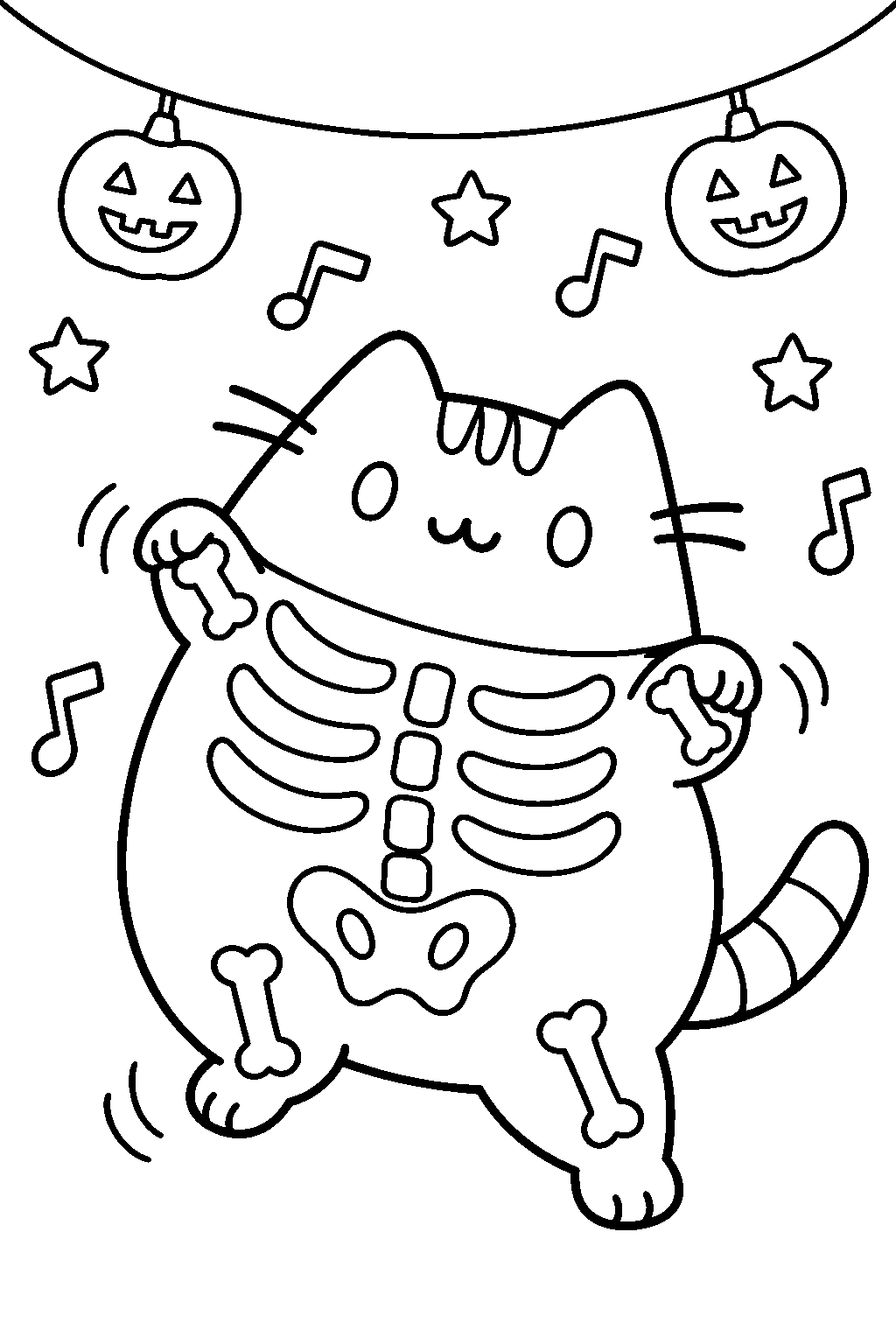 pusheen wearing a skeleton costume and dancing at a halloween party line art