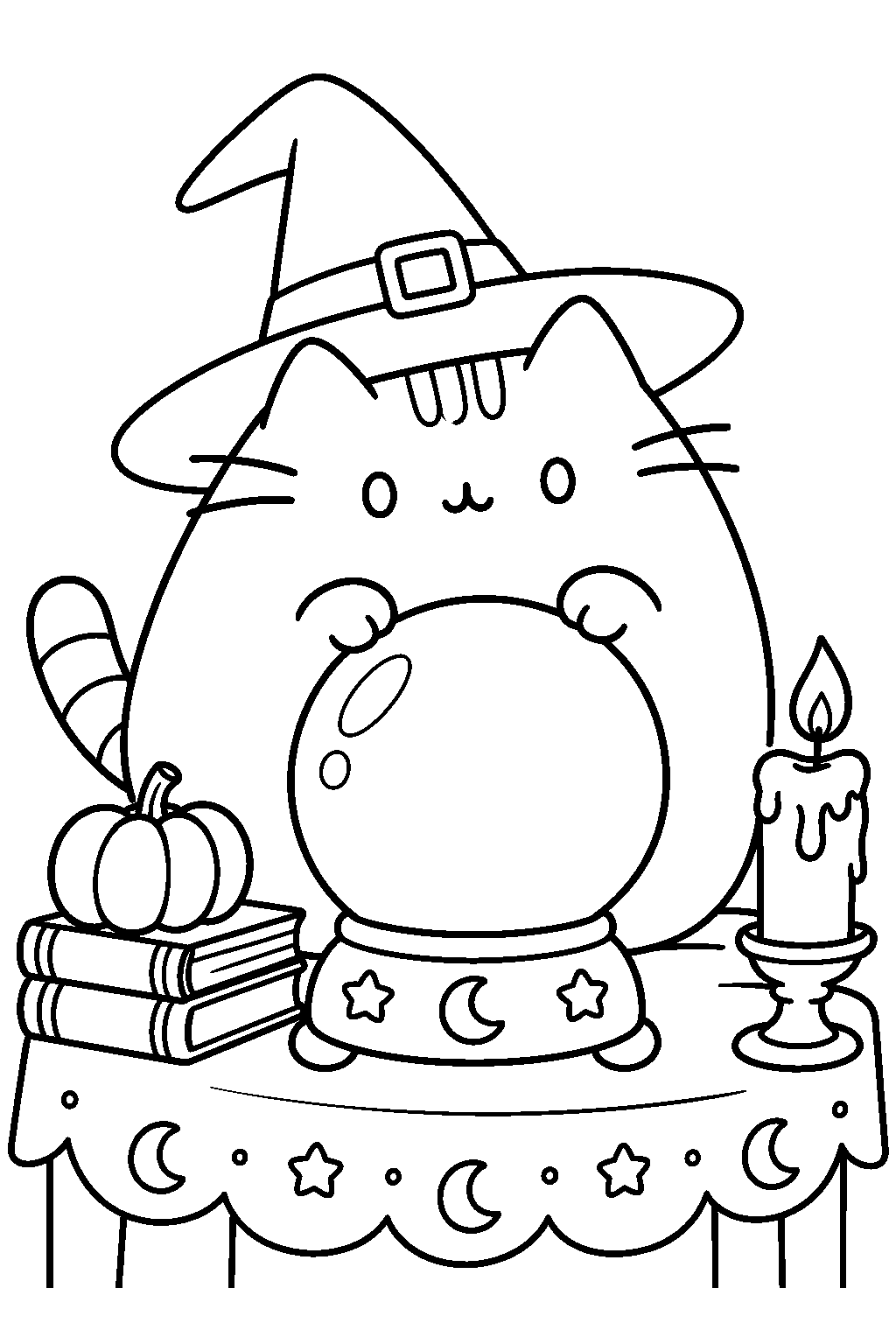 pusheen wearing a witch hat and gazing into a crystal ball line art