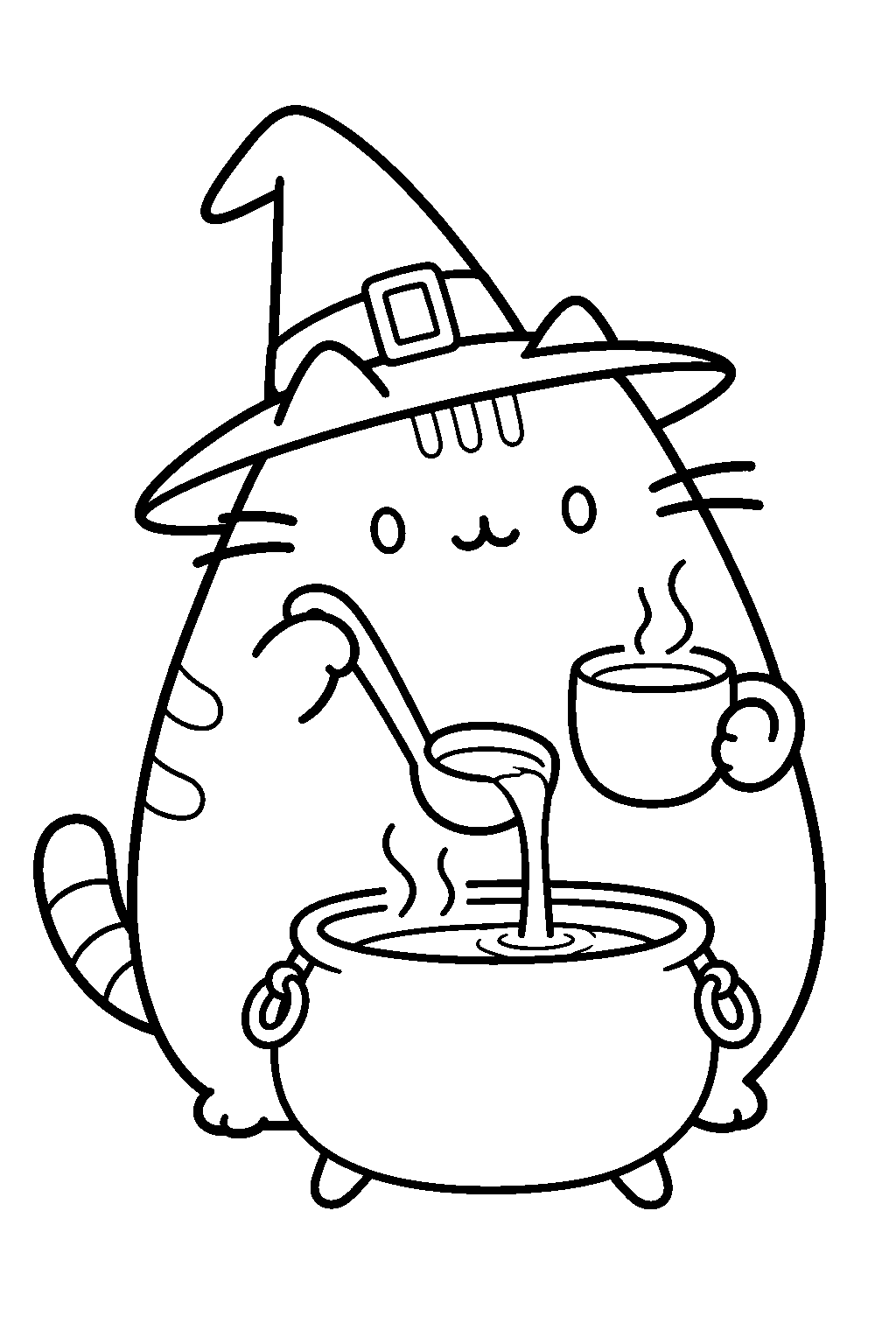 pusheen wearing a witch hat and serving cider from a cauldron shaped bowl line art