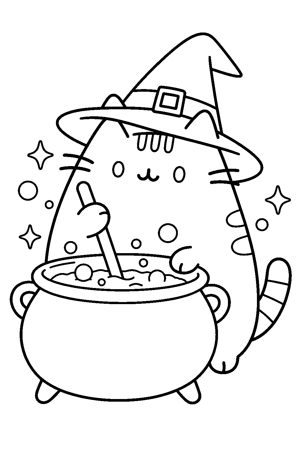 pusheen wearing a witch hat and stirring a bubbling cauldron line art