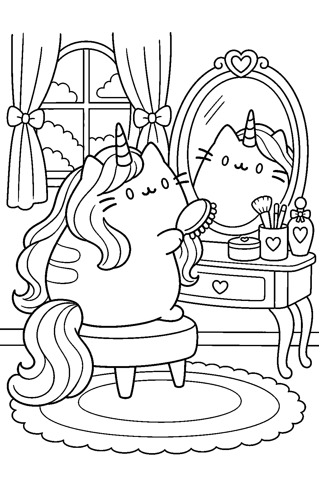 pusheen unicorn brushing her long mane at a dressing table mirror line art