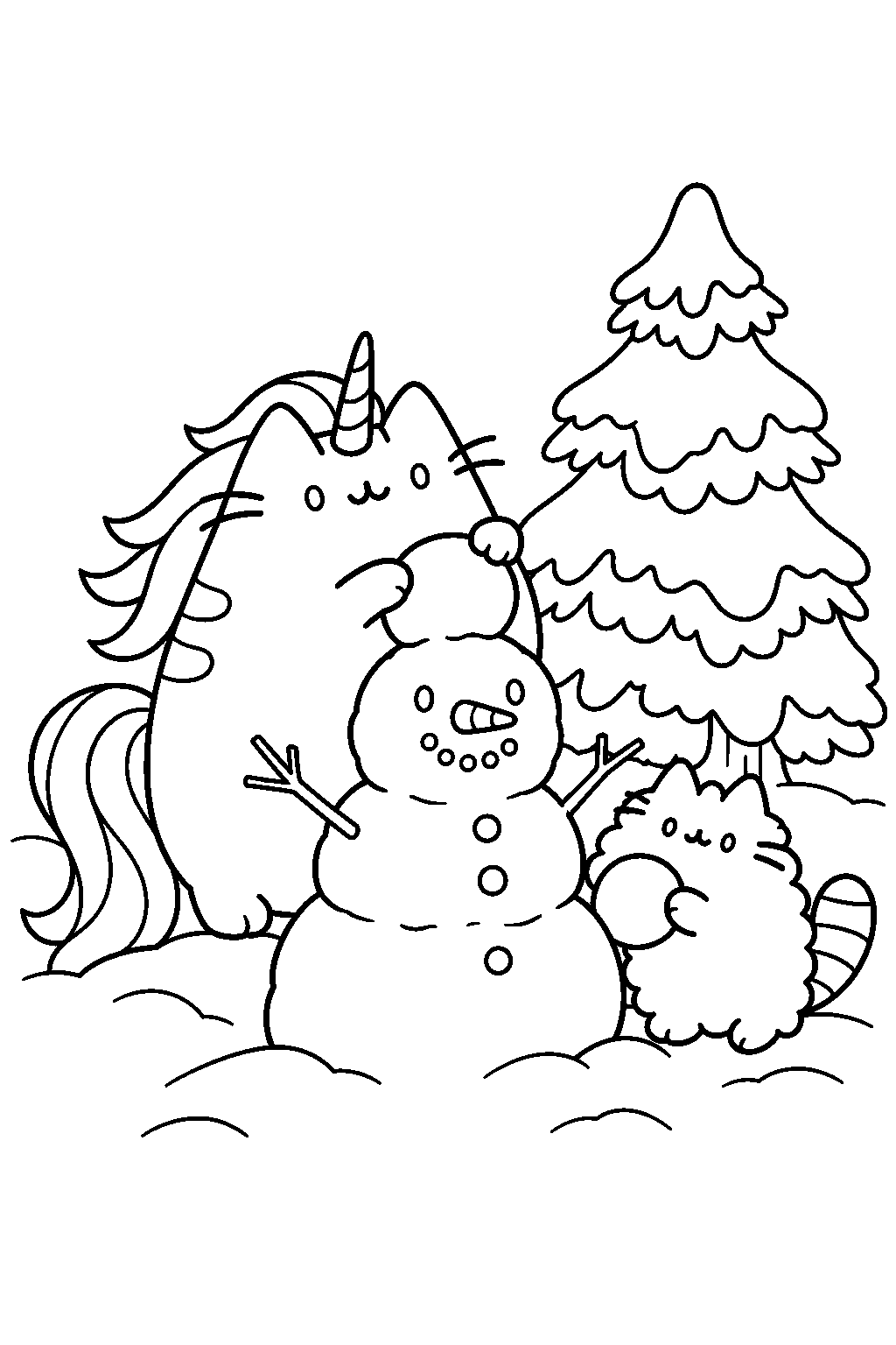 pusheen unicorn building a snowman with stormy beside a snowy pine tree line art
