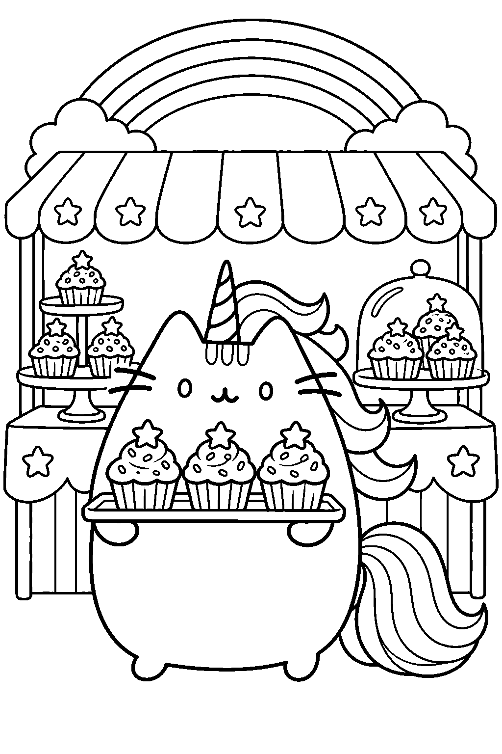 pusheen unicorn carrying a tray of cupcakes at a rainbow themed bakery stall line art