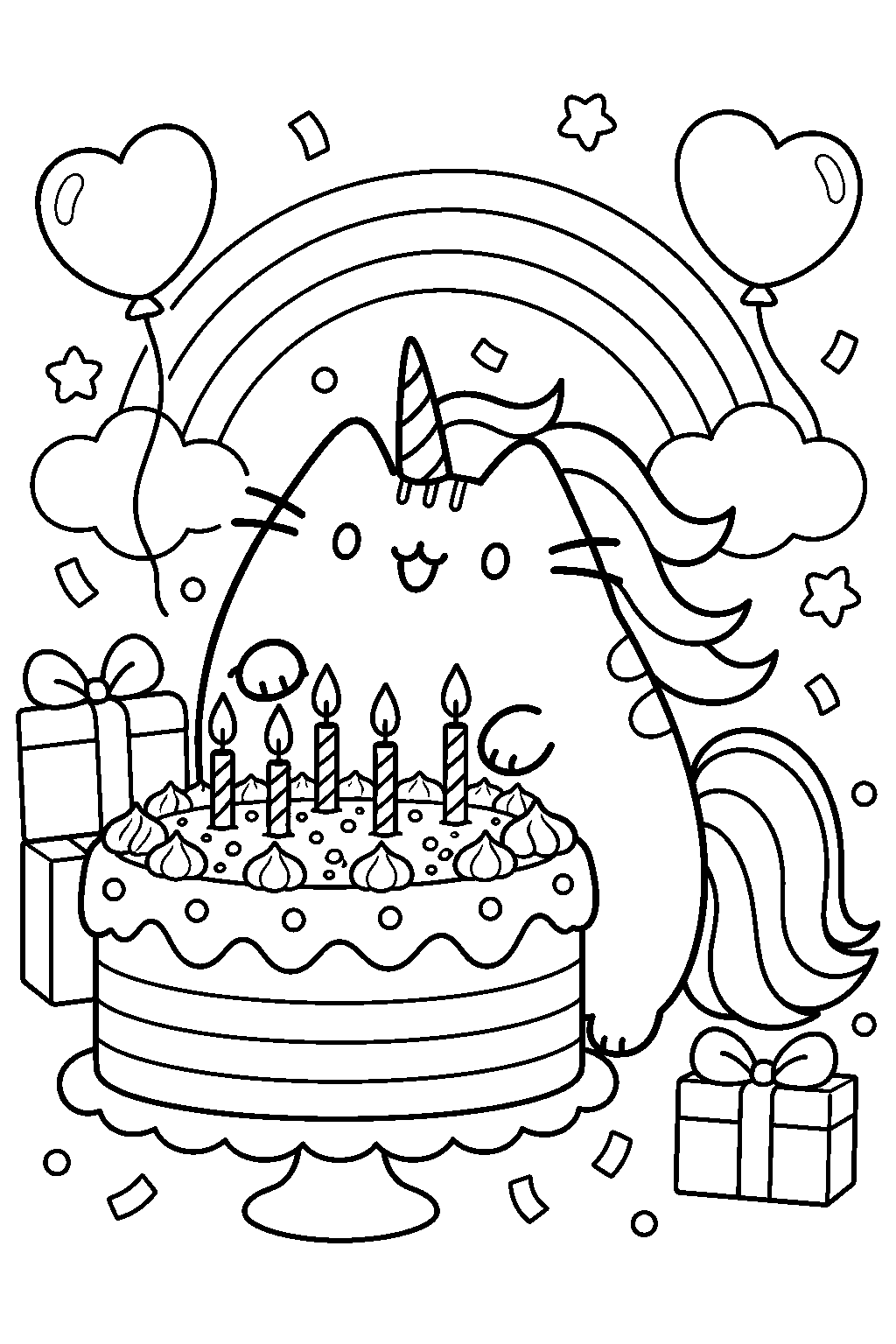 pusheen unicorn celebrating her birthday beside a rainbow cake with candles line art