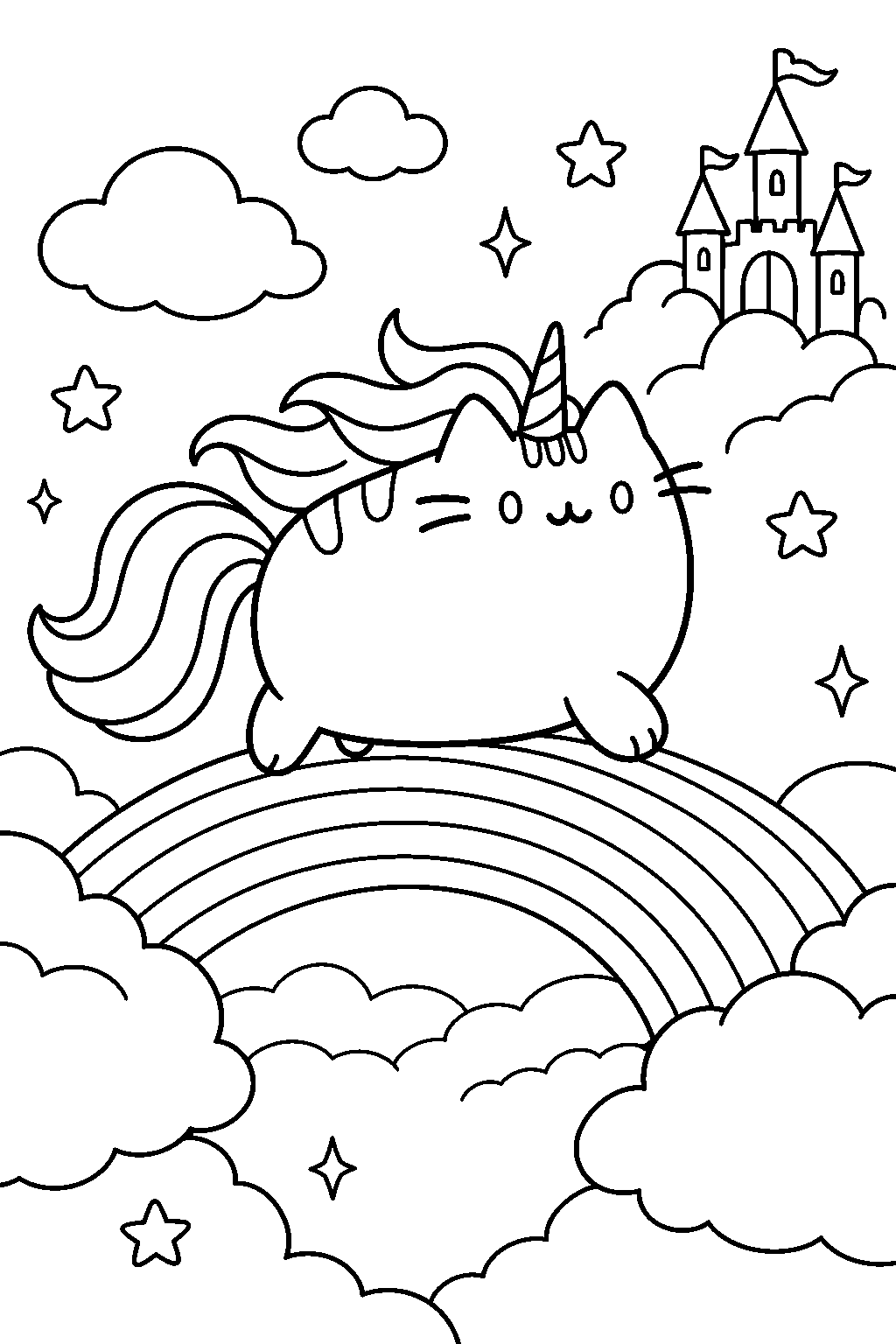 pusheen unicorn crossing a rainbow bridge between fluffy clouds line art