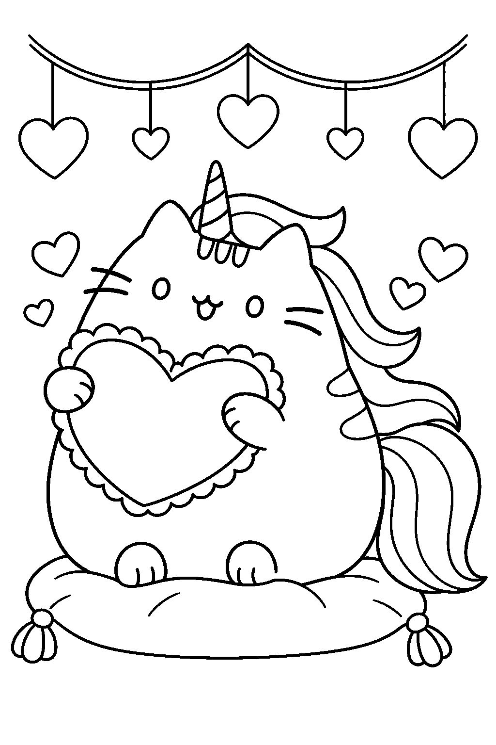 pusheen unicorn cuddling a heart shaped pillow beneath hanging hearts line art